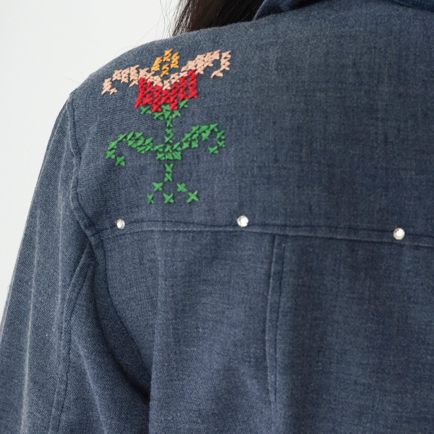 70s Chambray Jacket Floral Embroidered Hand Painted Sun Denim Trucker Small