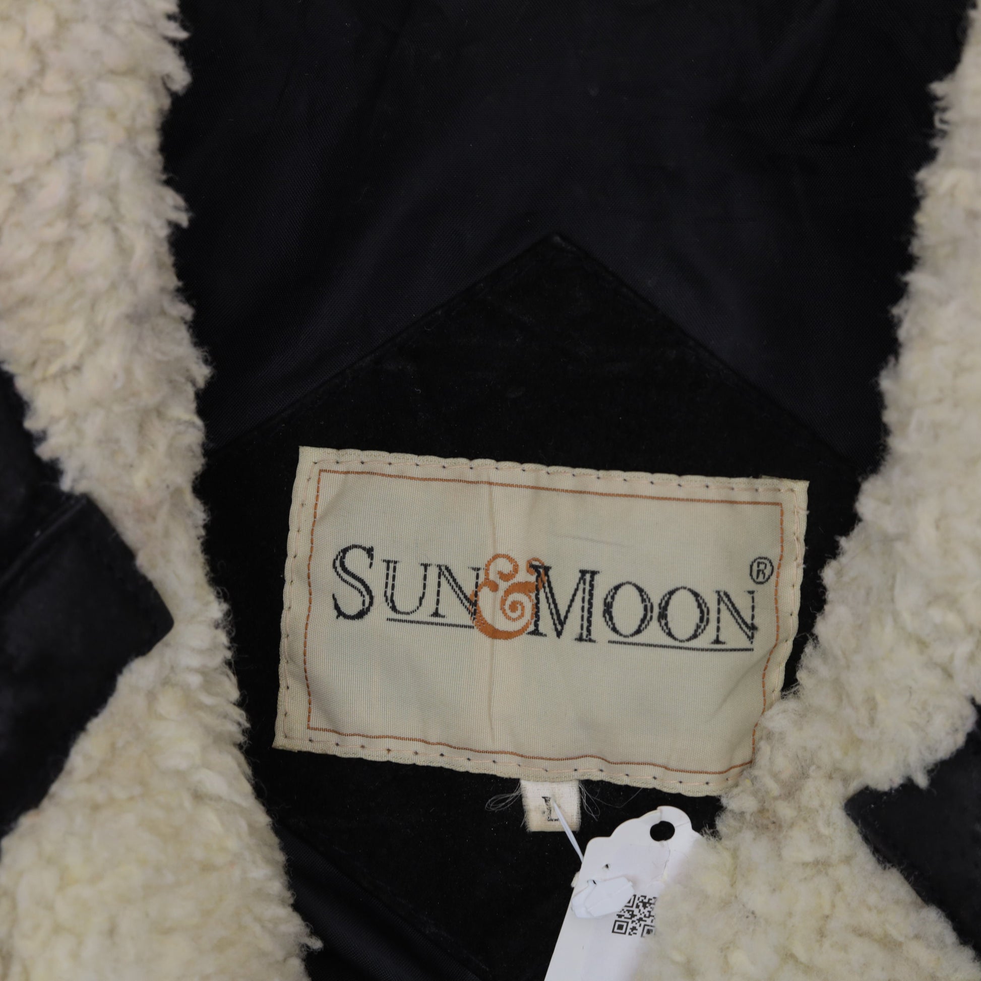 90s Sun & Moon Black Brown Suede Leather Jacket Nordic Snowflake Sherpa Trim Large