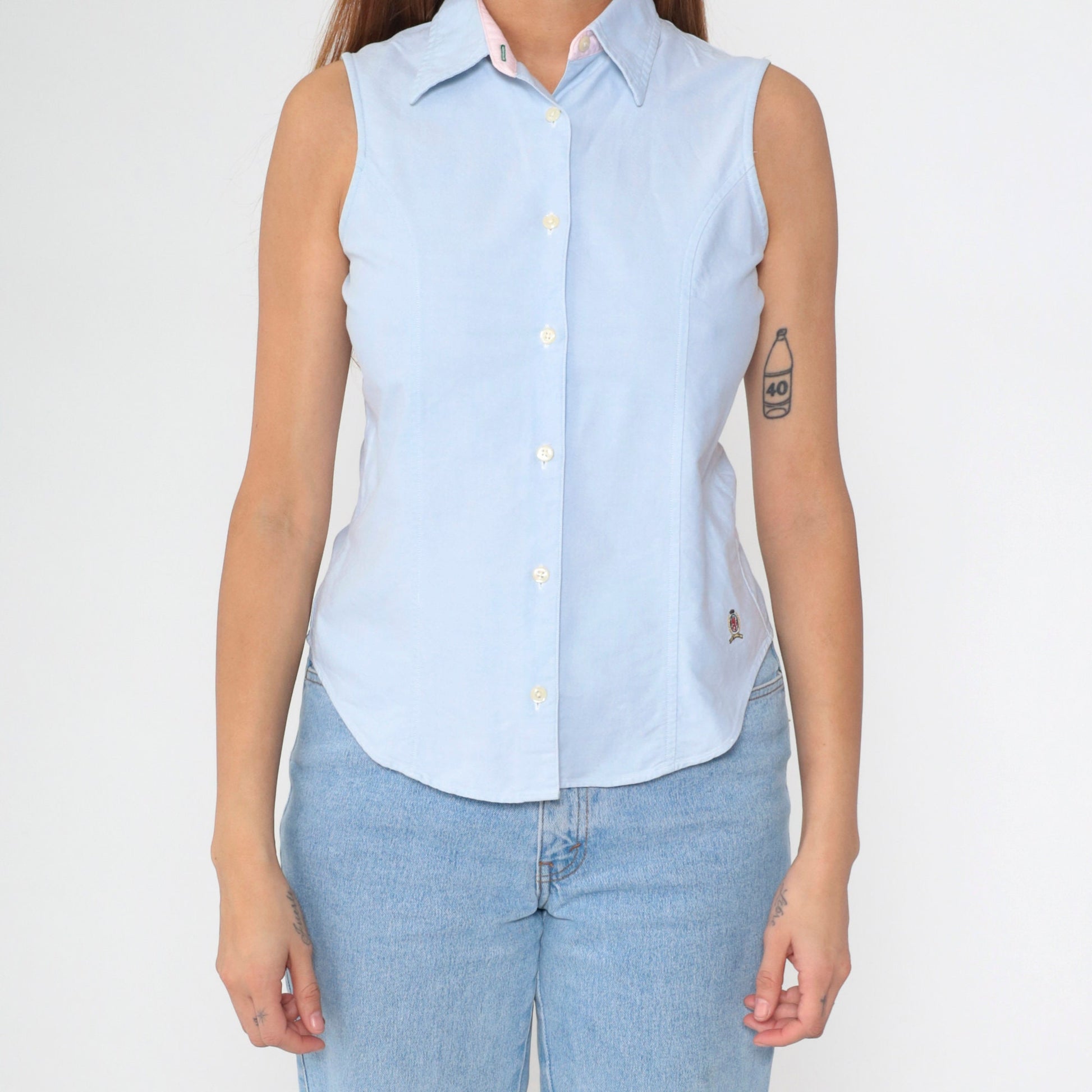 Tommy Hilfiger Y2K Light Blue Sleeveless Button-Up Blouse Small 4