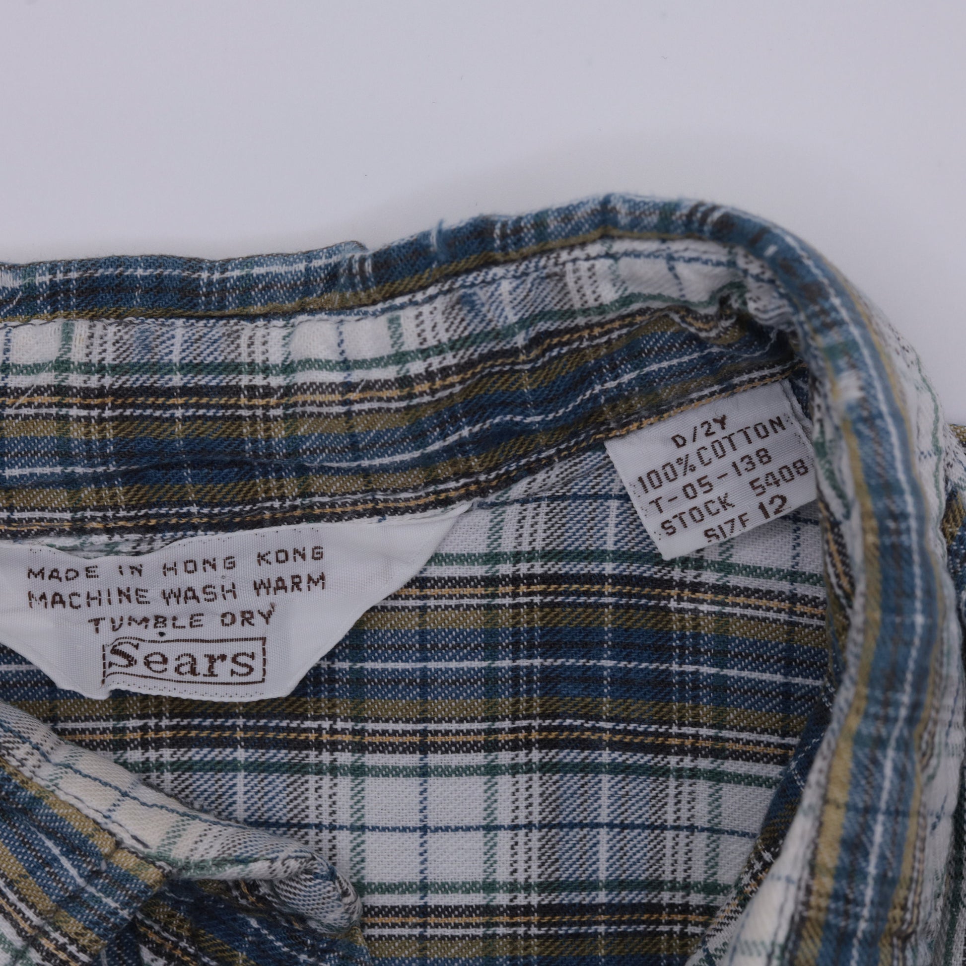 70s/80s Plaid Cotton Button-Up Blouse White Blue Yellow Checkered Long Sleeve Medium