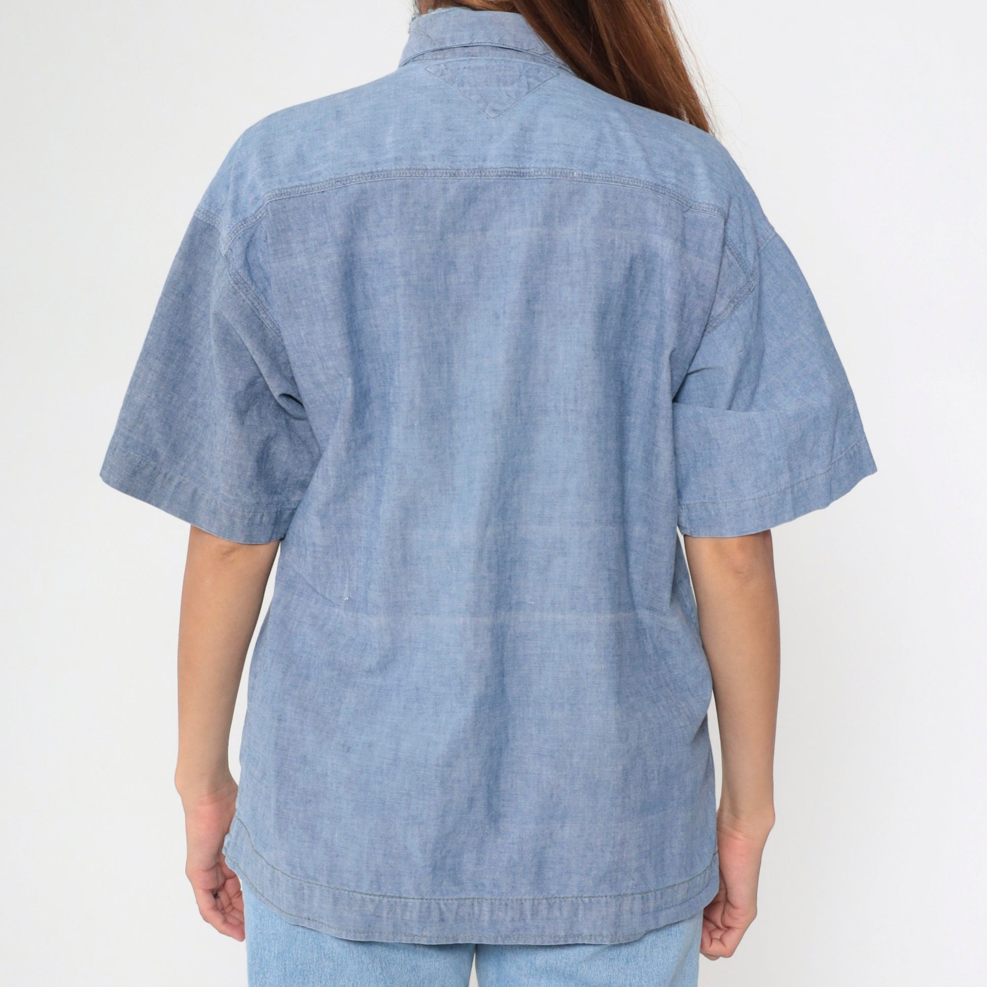 90s Blue Chambray Button-Up Shirt Short Sleeve Denim Oxford Medium