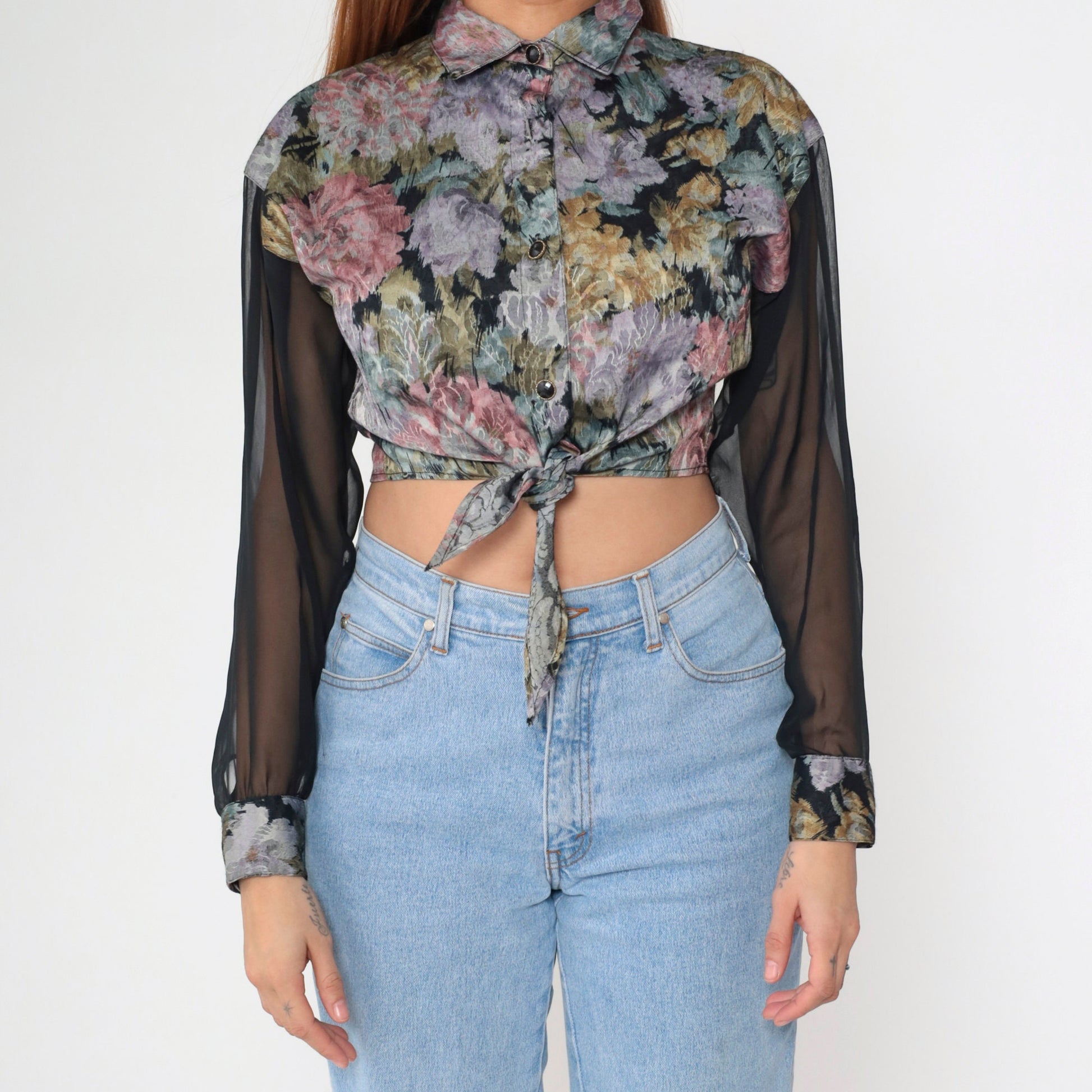 90s Floral Crop Top Button Up Blouse Sheer Chiffon Sleeves Small