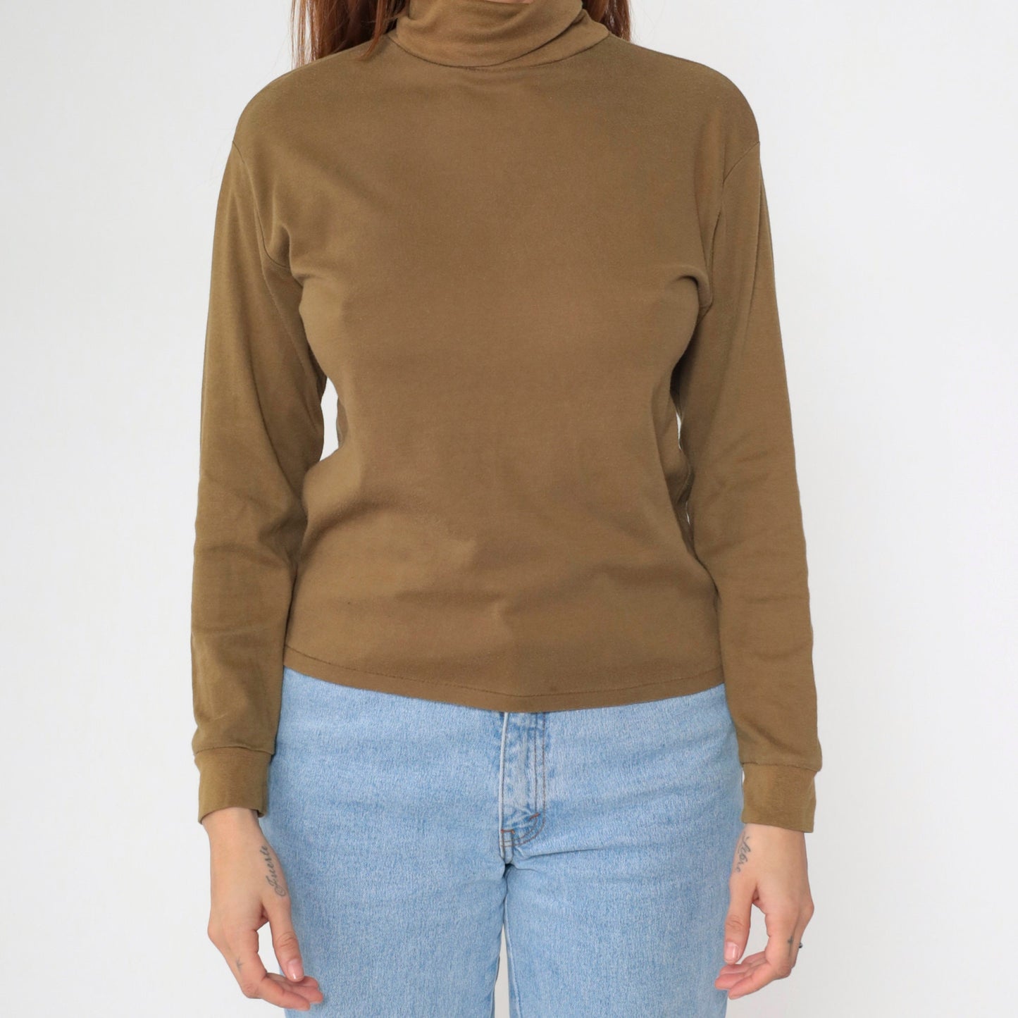 90s Brown Turtleneck Long Sleeve Shirt Cotton Blend Medium