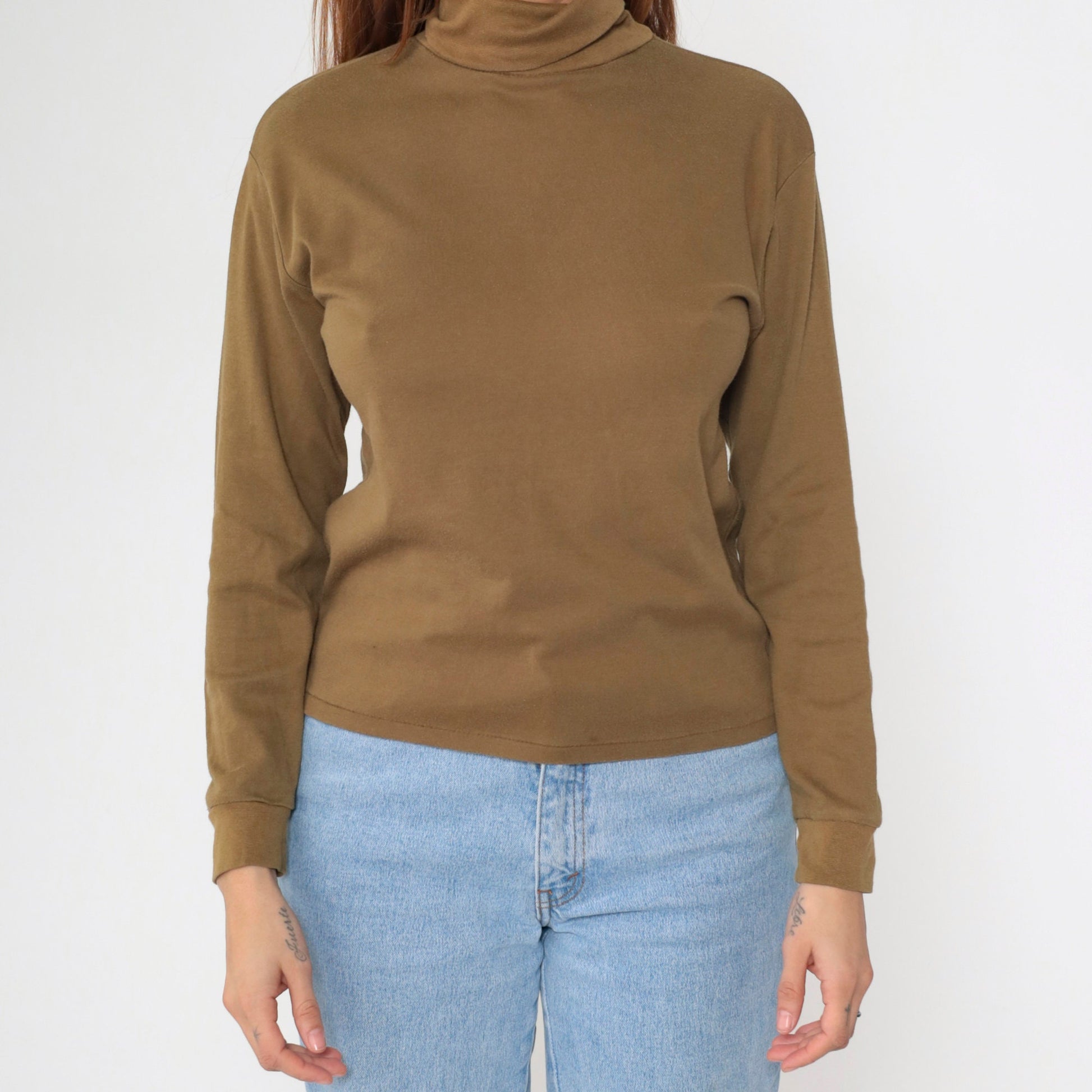90s Brown Turtleneck Long Sleeve Shirt Cotton Blend Medium