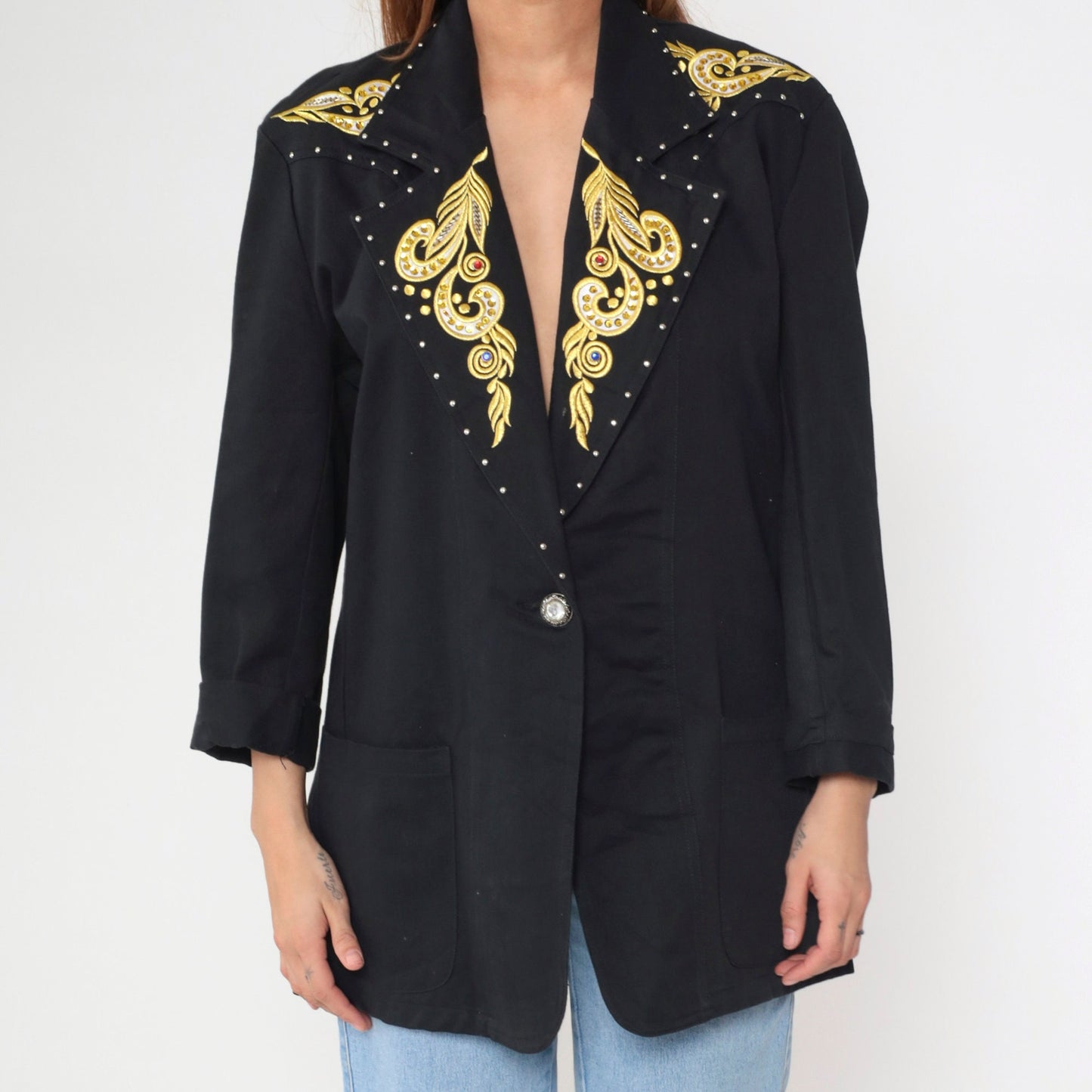 90s Black Blazer Gold Embroidered Rhinestone Studs Single Button Medium