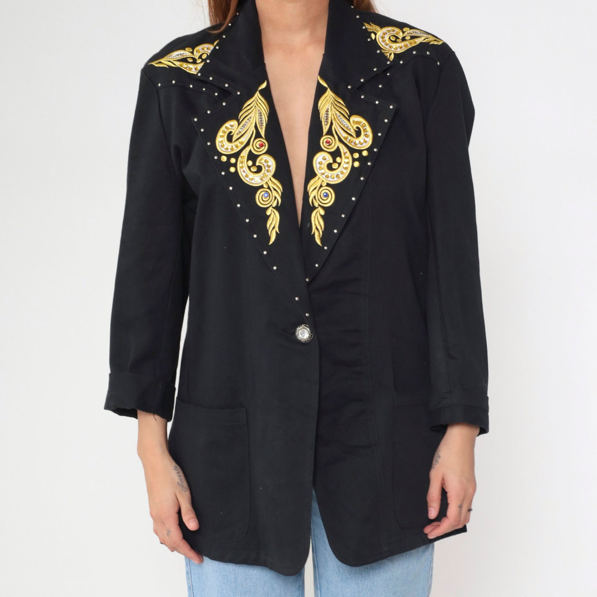 90s Black Blazer Gold Embroidered Rhinestone Studs Single Button Medium