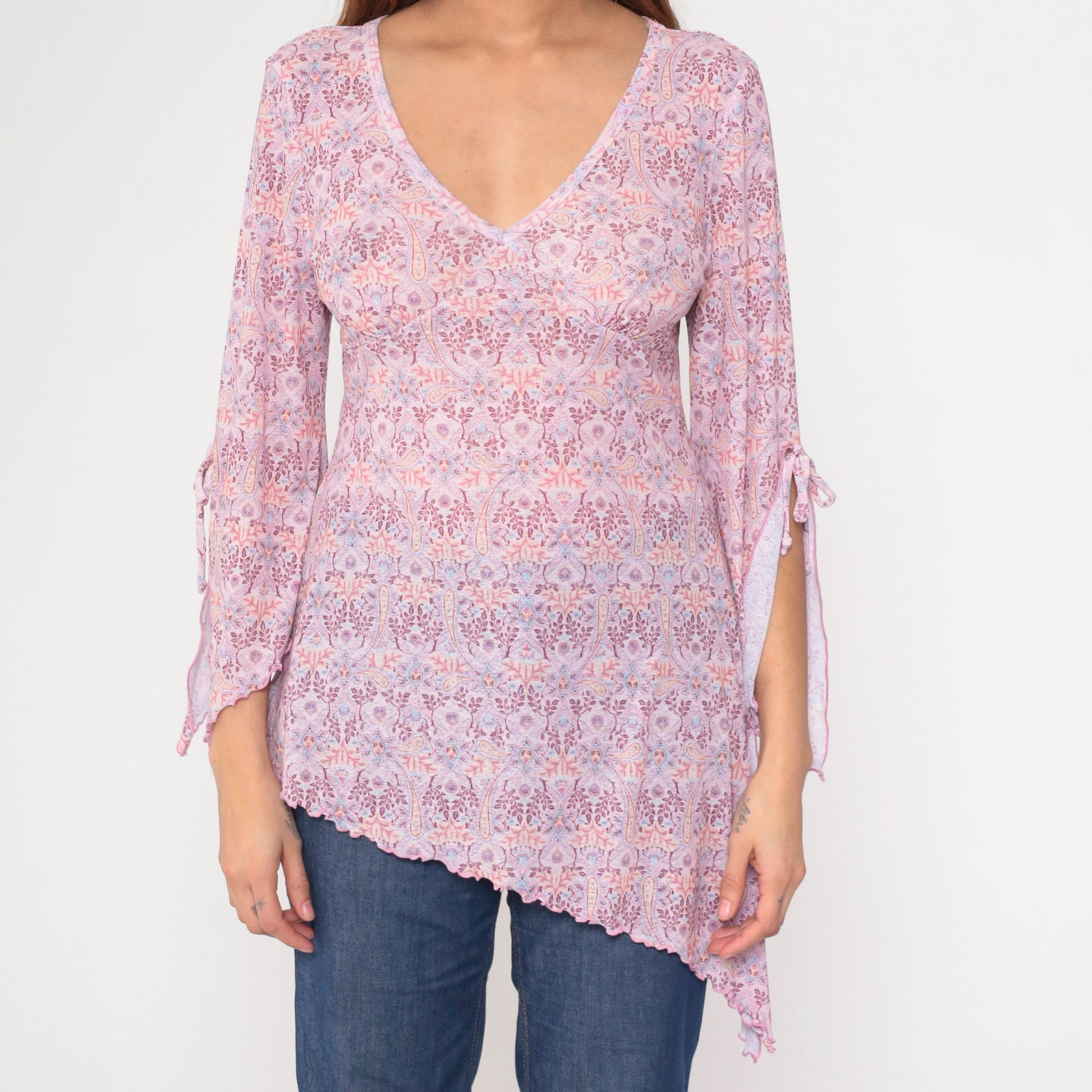 Y2K Paisley V-Neck Blouse Pink Bell Sleeve Asymmetrical Lettuce Edge Large L