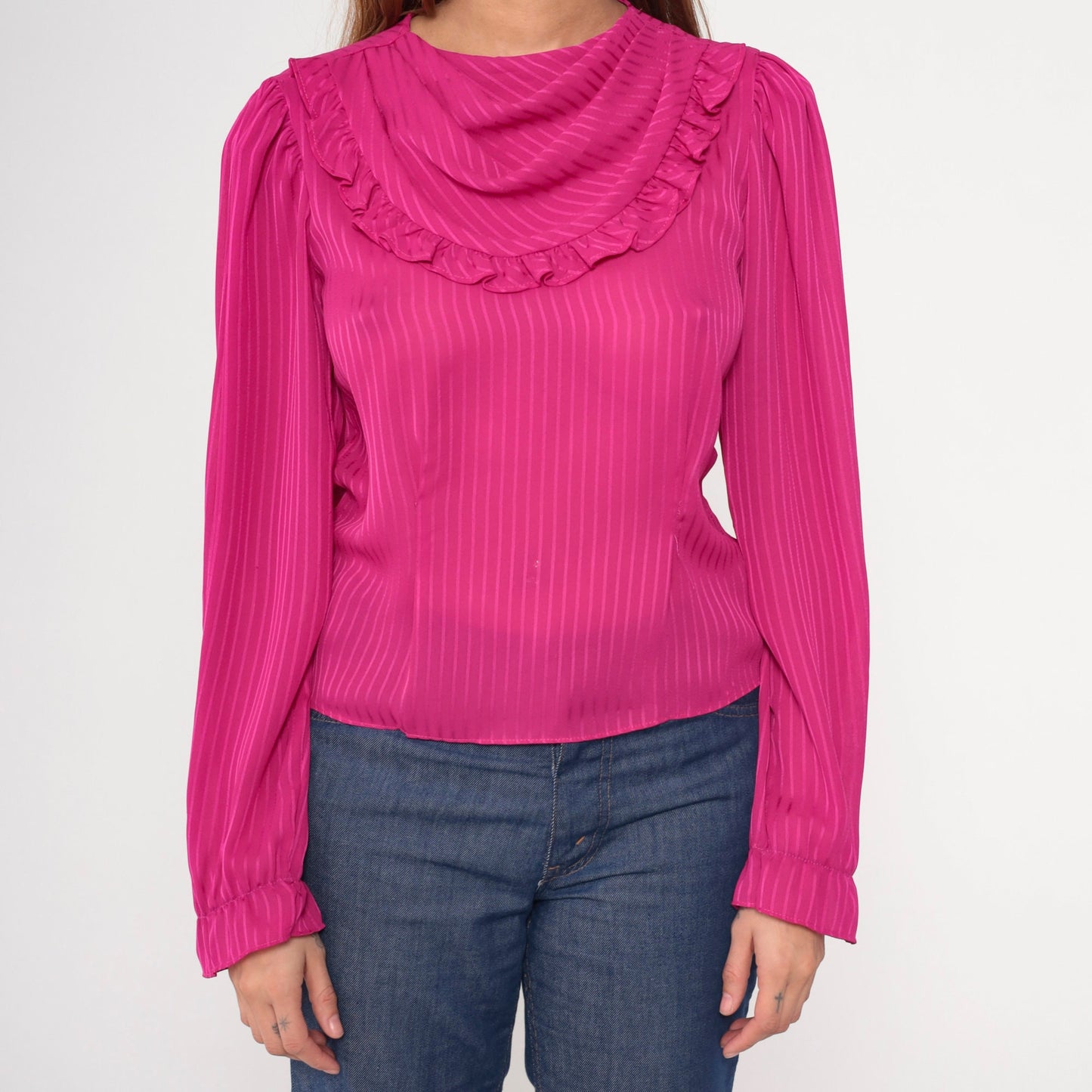 80s Fuchsia Cowl Neck Blouse Striped Puff Sleeve Keyhole Back Small