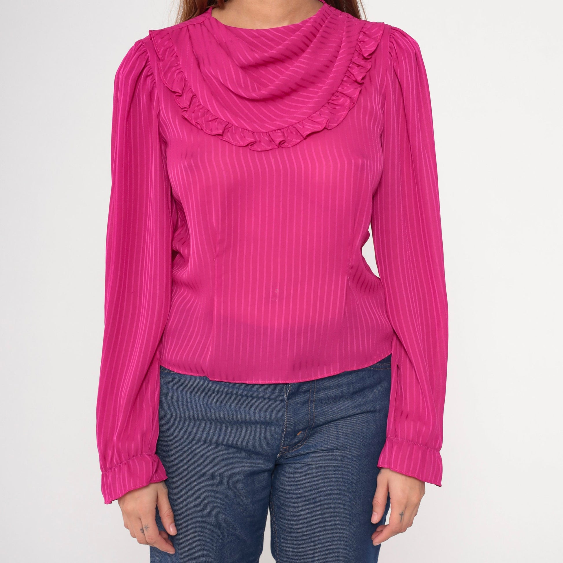 80s Fuchsia Cowl Neck Blouse Striped Puff Sleeve Keyhole Back Small