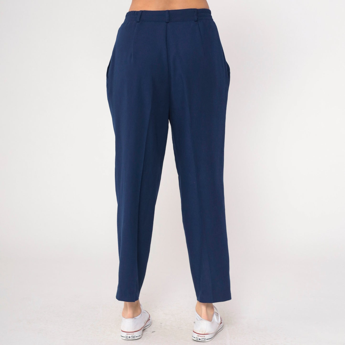 90s Navy Pleated High-Waist Tapered Trousers Medium Large Petite