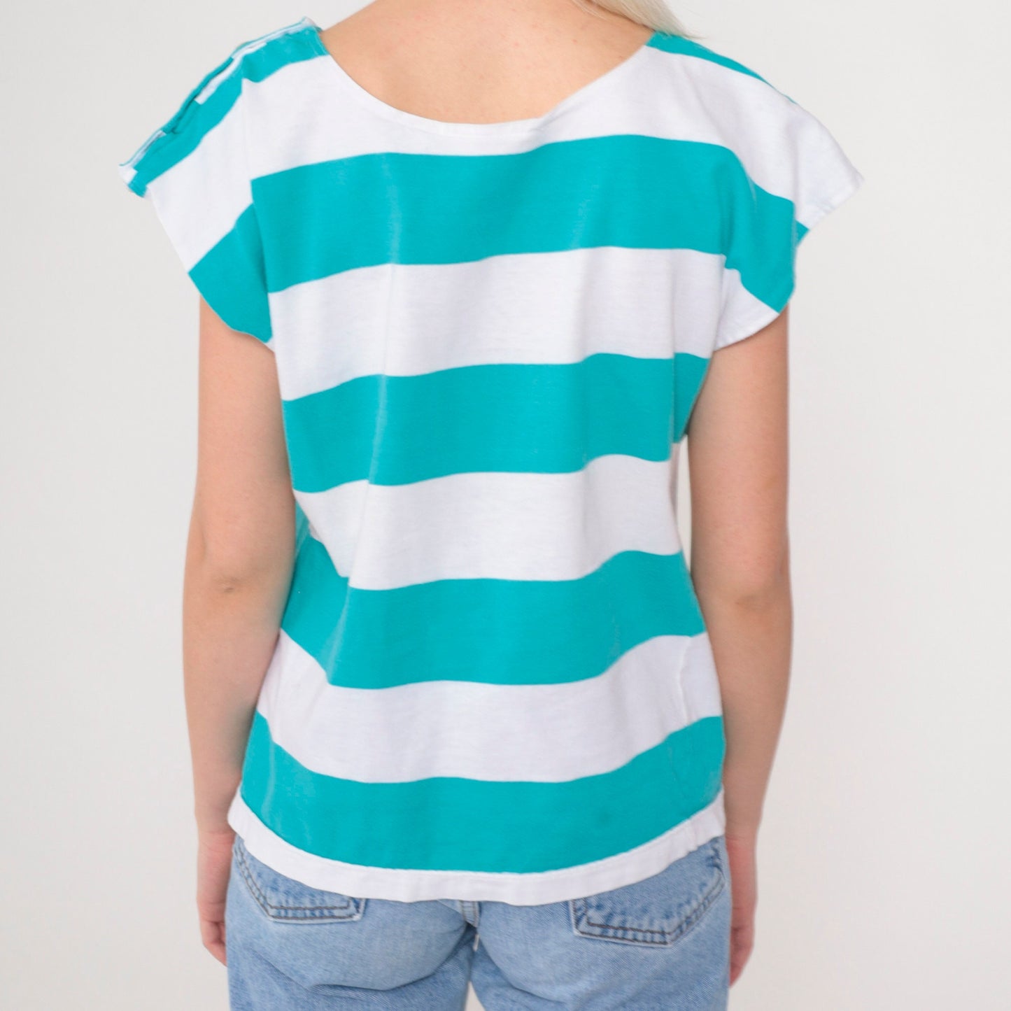 80s 90s Honors Striped Cap Sleeve T-Shirt Turquoise White Medium