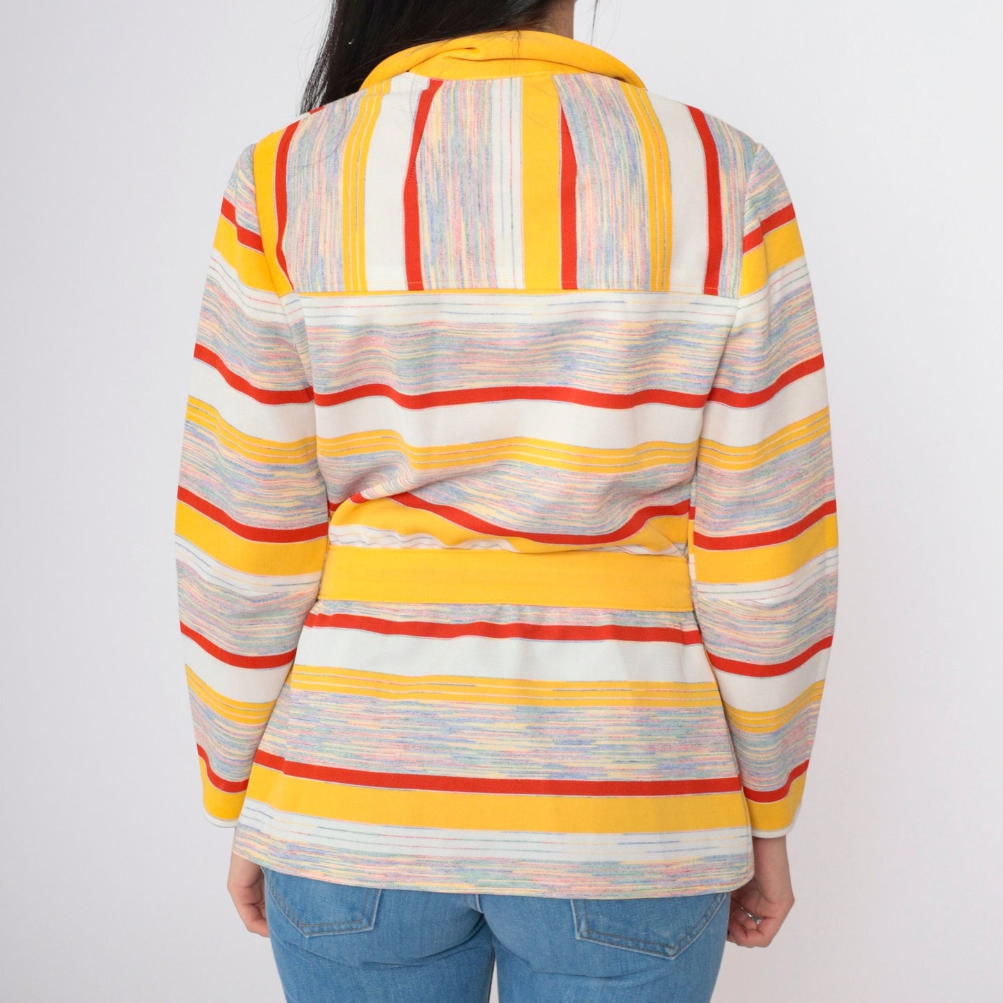70s Yellow Red Striped Button-Up Blouse Pointed Collar Long Sleeve Small
