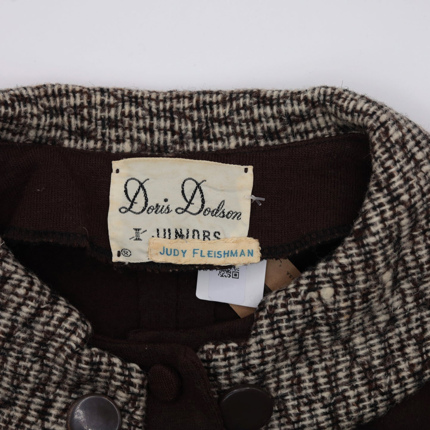 60s Brown Wool Blend Knit Collar Button-Up Top 3/4 Sleeve Small