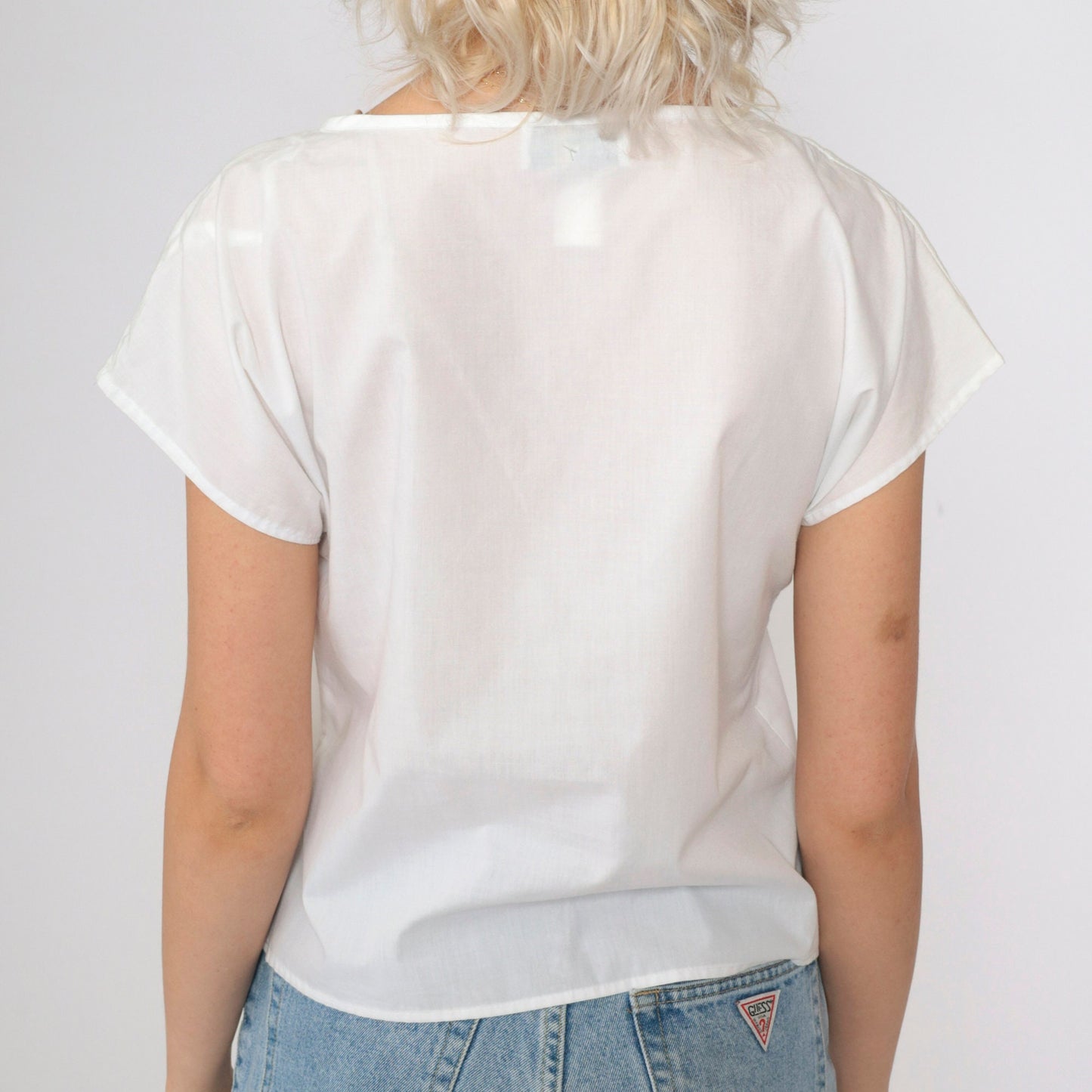 90s White Cap Sleeve Blouse Semi-Sheer Cotton Small