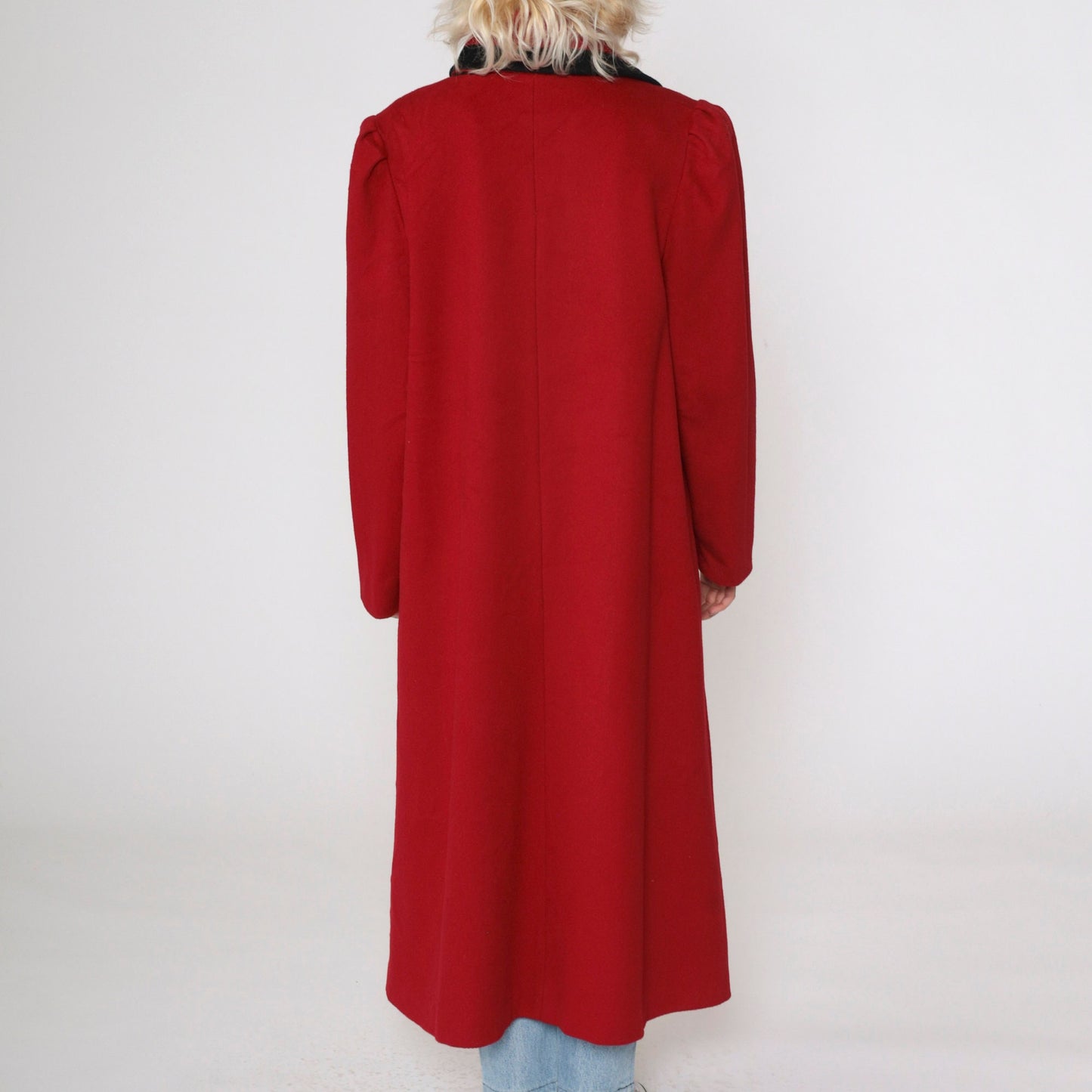 80s Alorna Wool Coat Red Black Trim Long Overcoat Puff Sleeve Medium