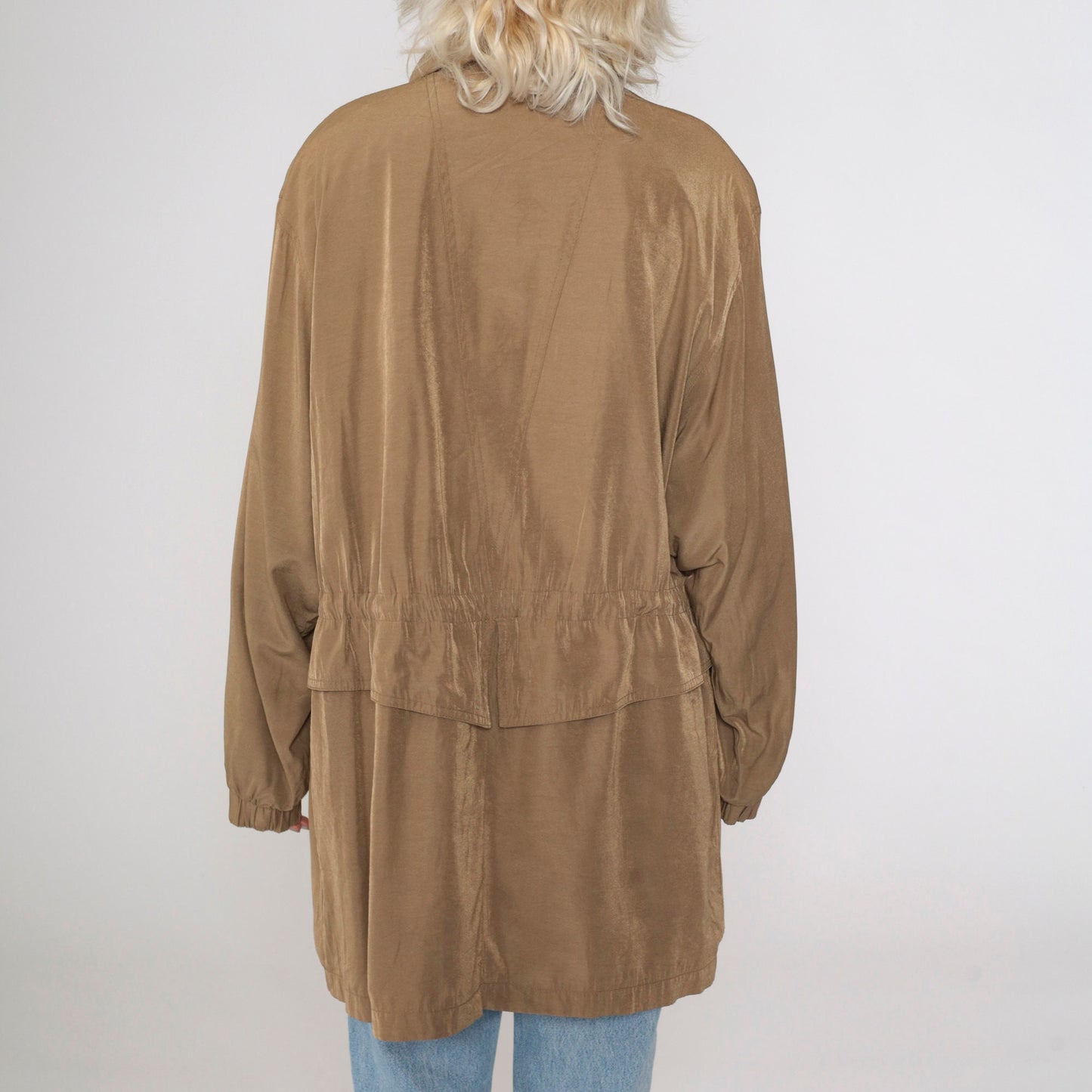 90s Plus Size Brown Windbreaker Jacket Drawstring Waist Zip Pockets XXL