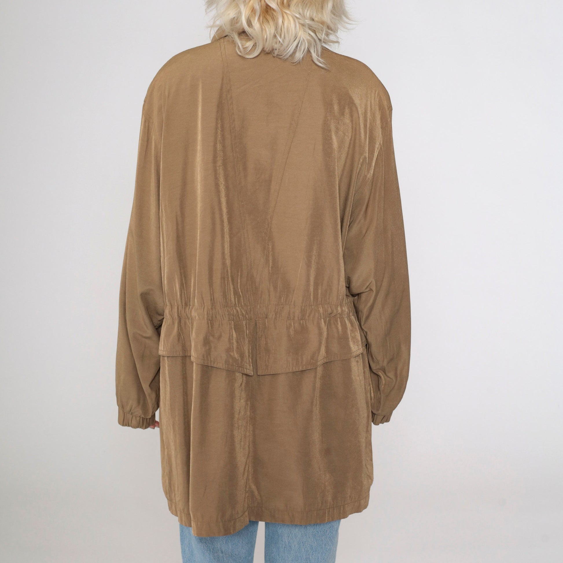 90s Plus Size Brown Windbreaker Jacket Drawstring Waist Zip Pockets XXL