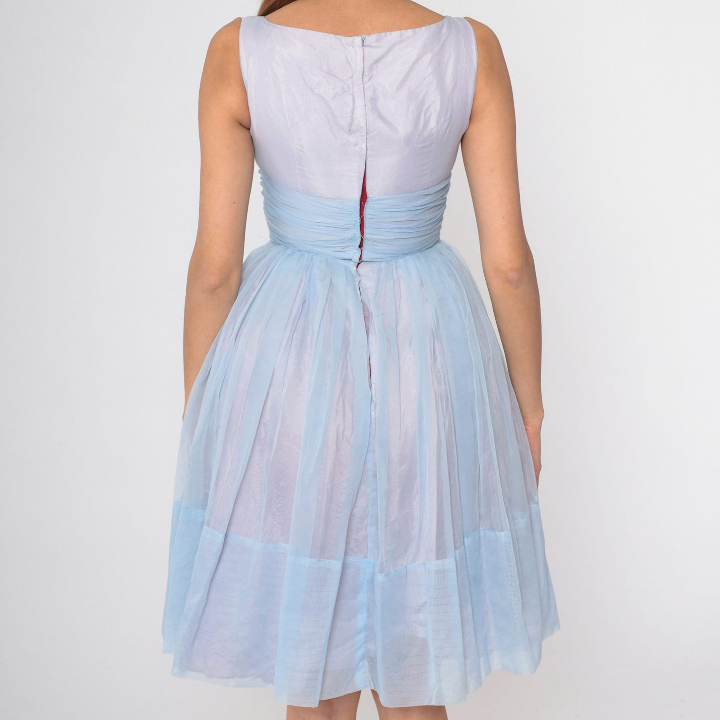 1960s Light Blue Chiffon Empire Waist Dress Knee Length Sleeveless XS
