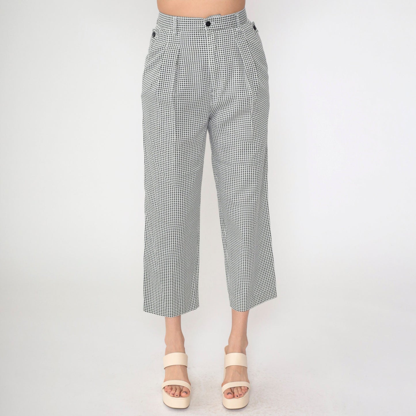 90s Houndstooth Cropped Trousers High Waist Pleated Black White Small