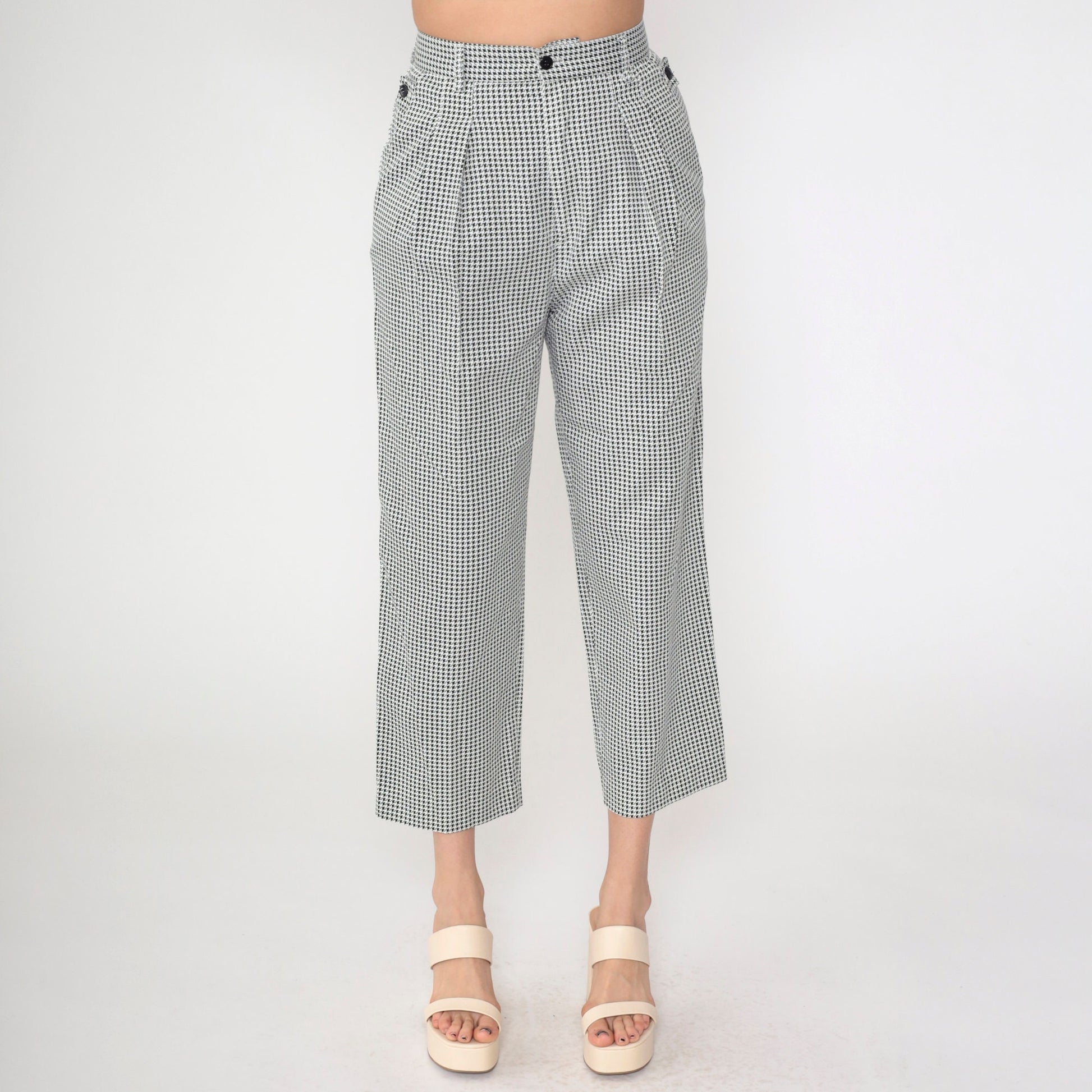 90s Houndstooth Cropped Trousers High Waist Pleated Black White Small