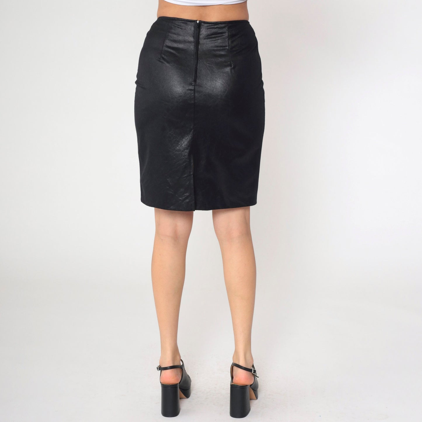 90s Black Pleather Mini Pencil Skirt High Waist Rear Zip Small