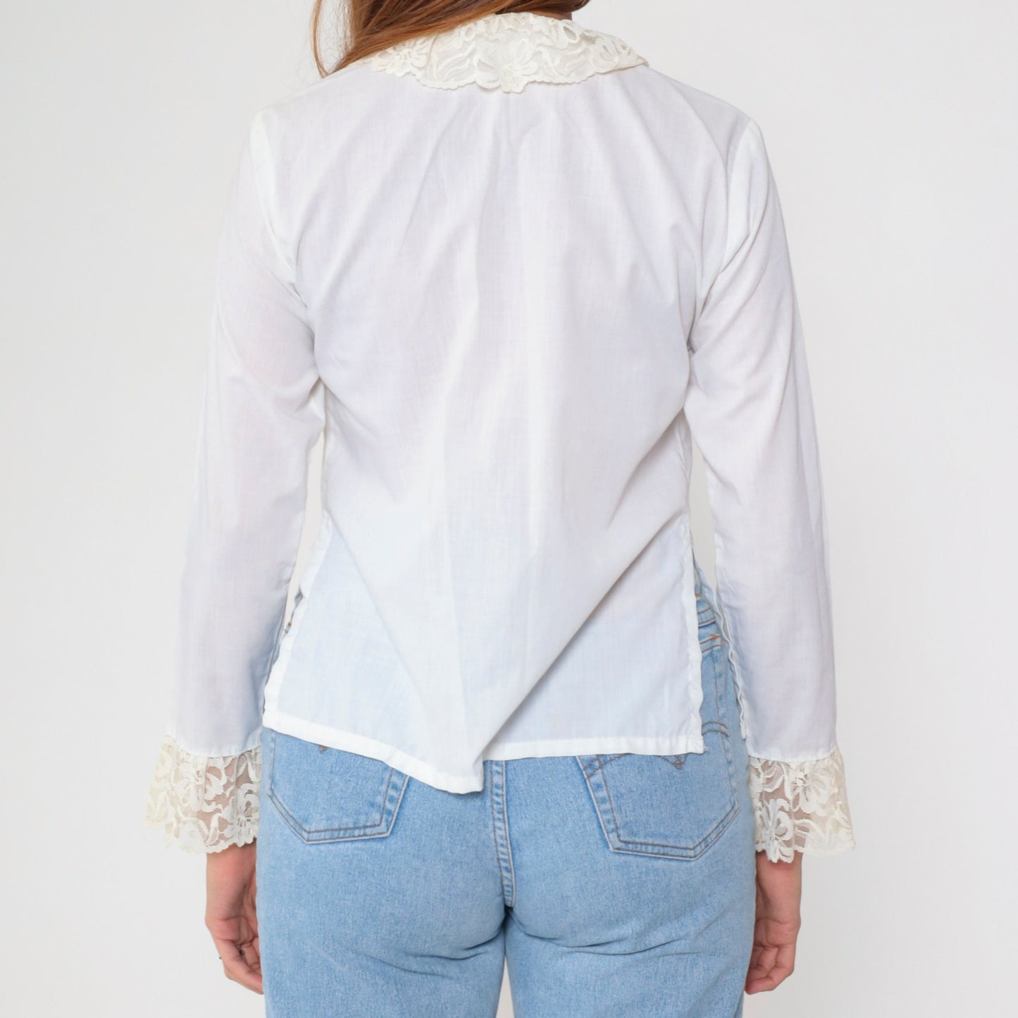 70s White Lace Ruffled Blouse Button-Up Long Sleeve Tuxedo Shirt Medium