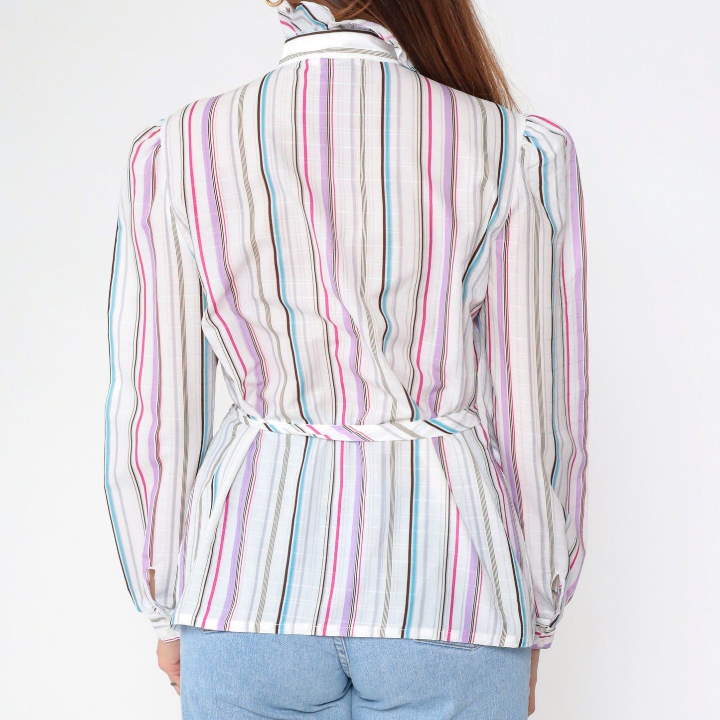 80s Jonquil Striped Button-Up Blouse Puff Sleeve Ruffle Collar Multicolor Large