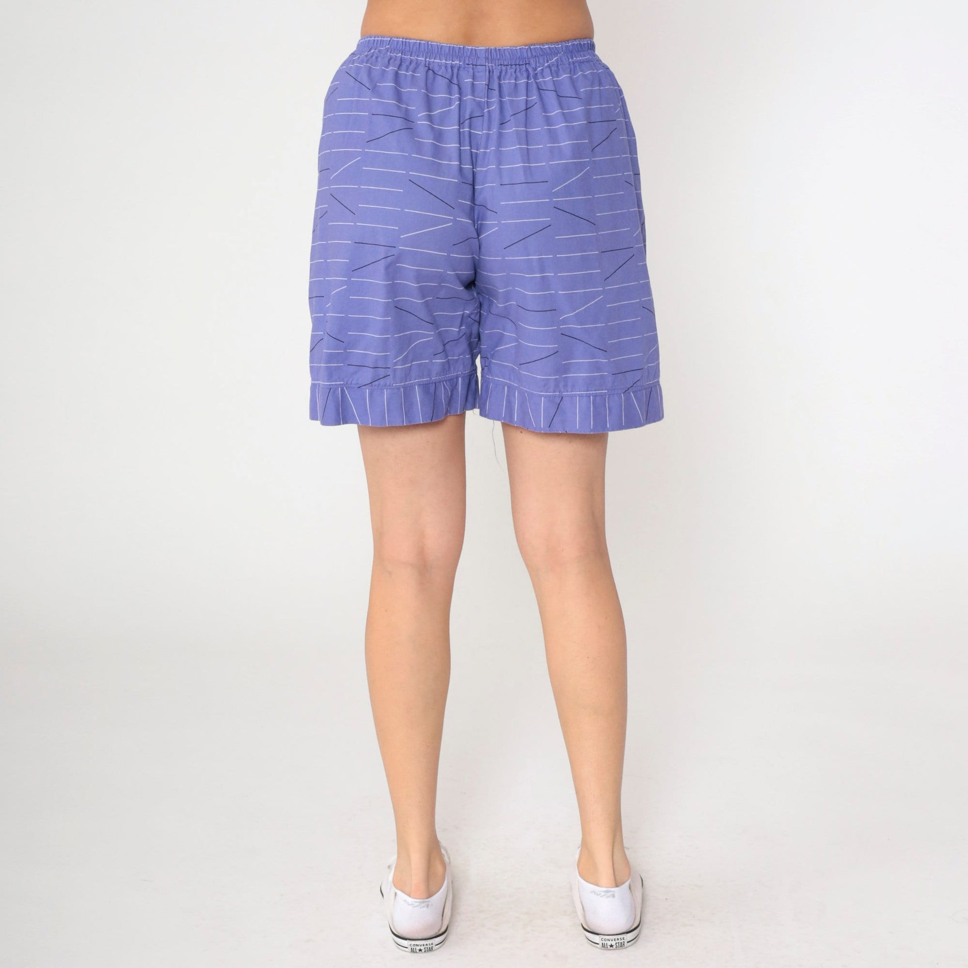 Y2K Purple Striped Shorts Elastic Waist High Rise Cotton Small Medium