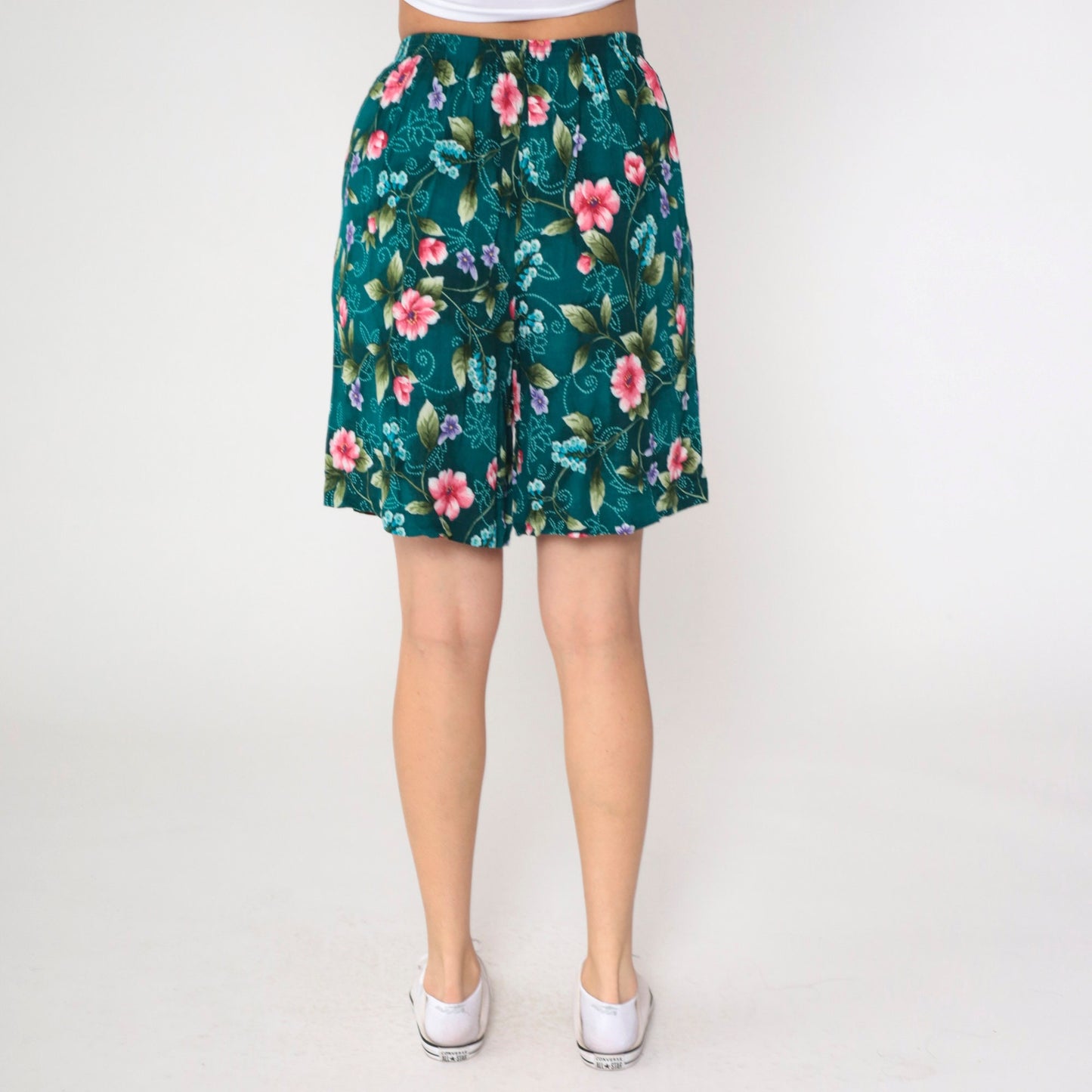 90s Jaclyn Smith Floral Shorts Teal Rayon High Waist Pleated Bermuda Medium