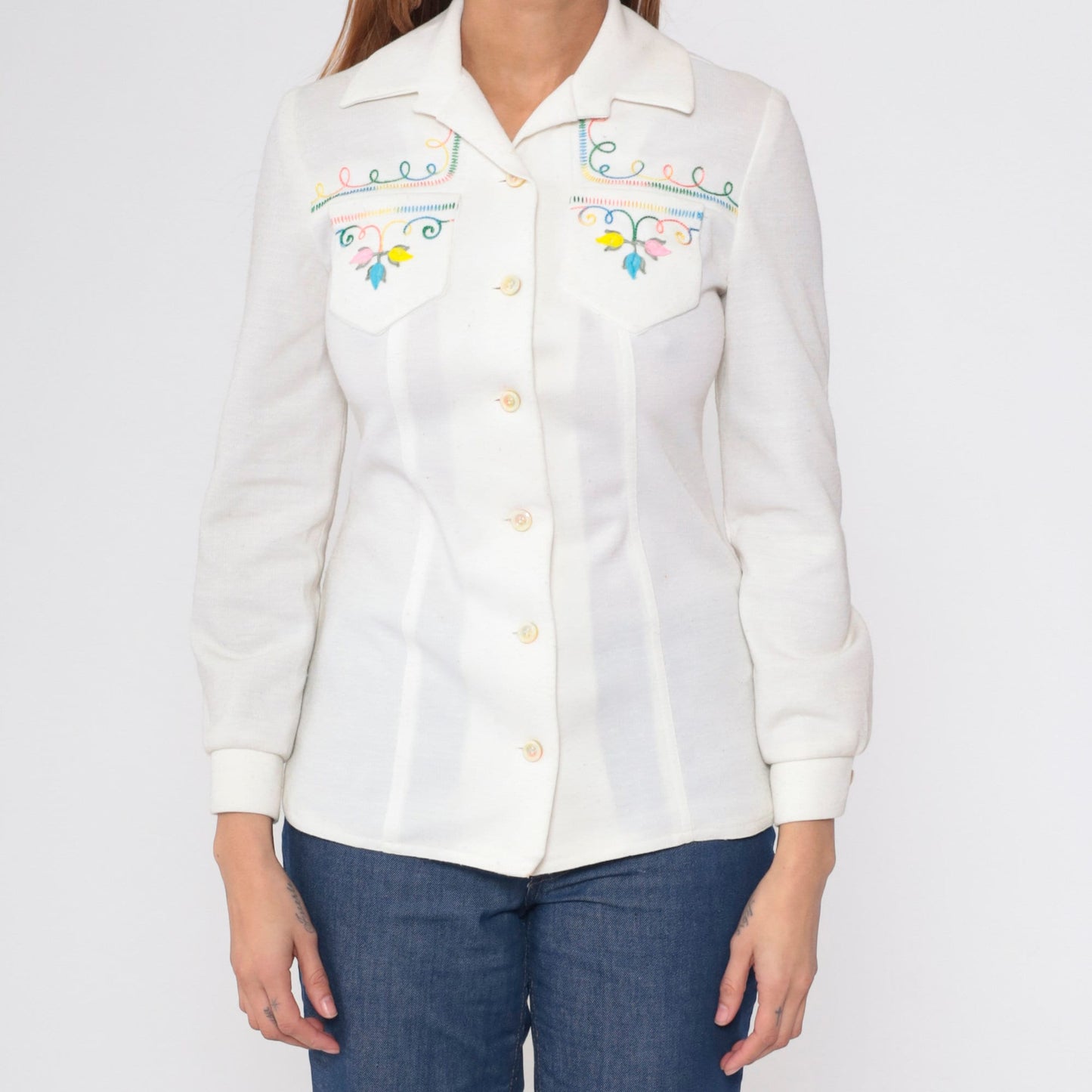70s Floral Embroidered White Button-Up Blouse Long Sleeve Small