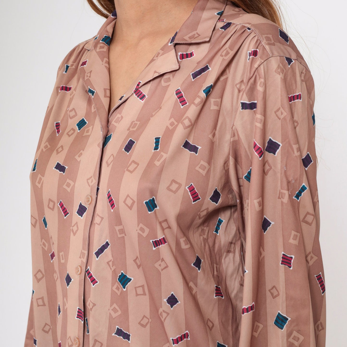 70s Confetti Geometric Striped Button-Up Blouse Dusty Rose Taupe Large L