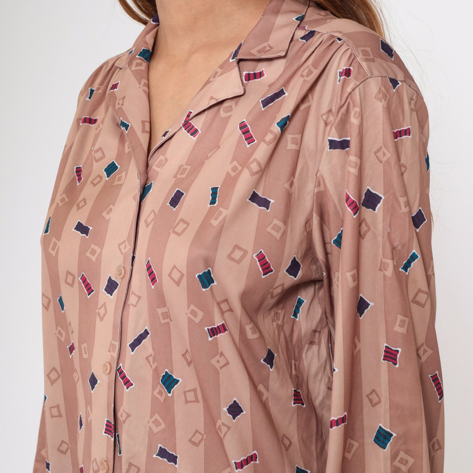 70s Confetti Geometric Striped Button-Up Blouse Dusty Rose Taupe Large L