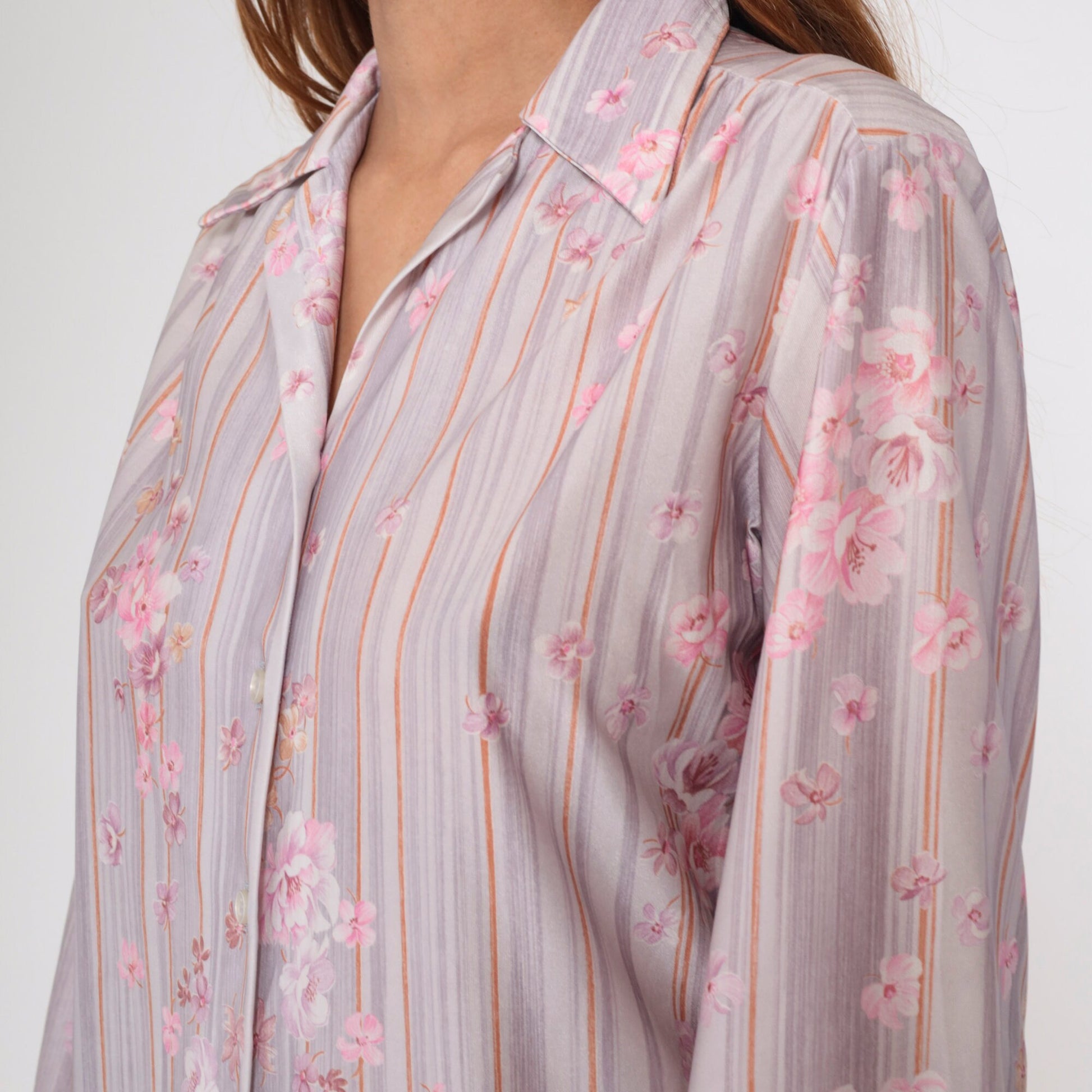 70s Striped Floral Button-Up Blouse Pink Lavender Long Sleeve Shirt Medium Large