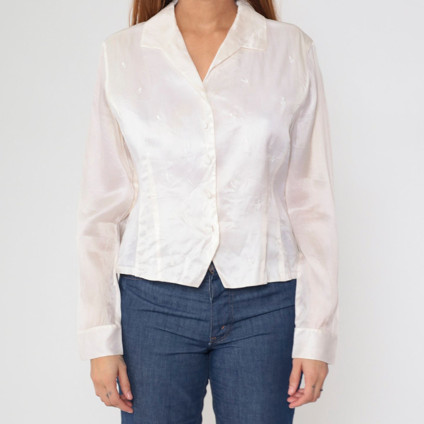 90s Rena Rowan Silk Satin Blouse Floral Embroidered Button Up White Large