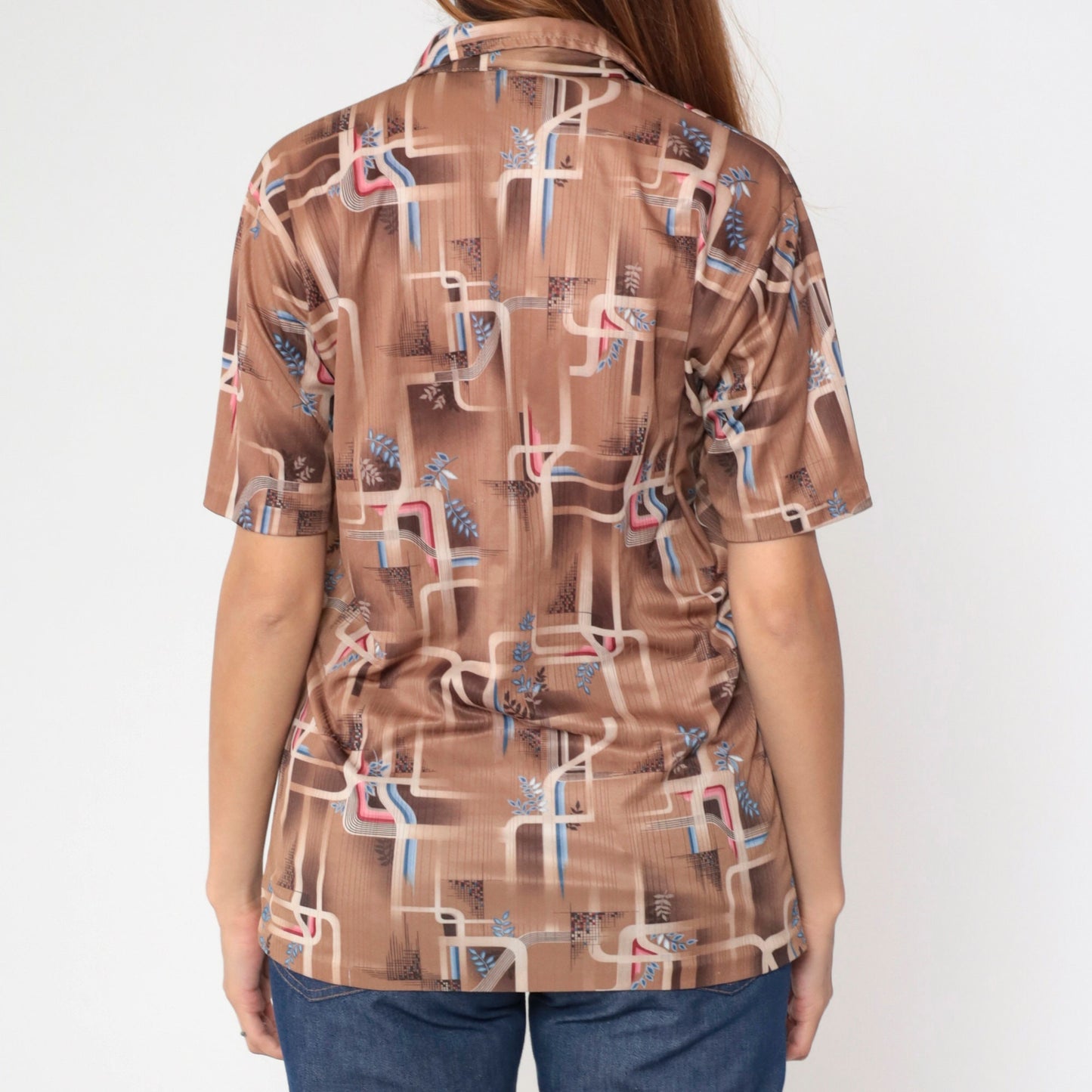 70s Geometric Psychedelic Polo Shirt Brown Dagger Collar Men's Medium Large