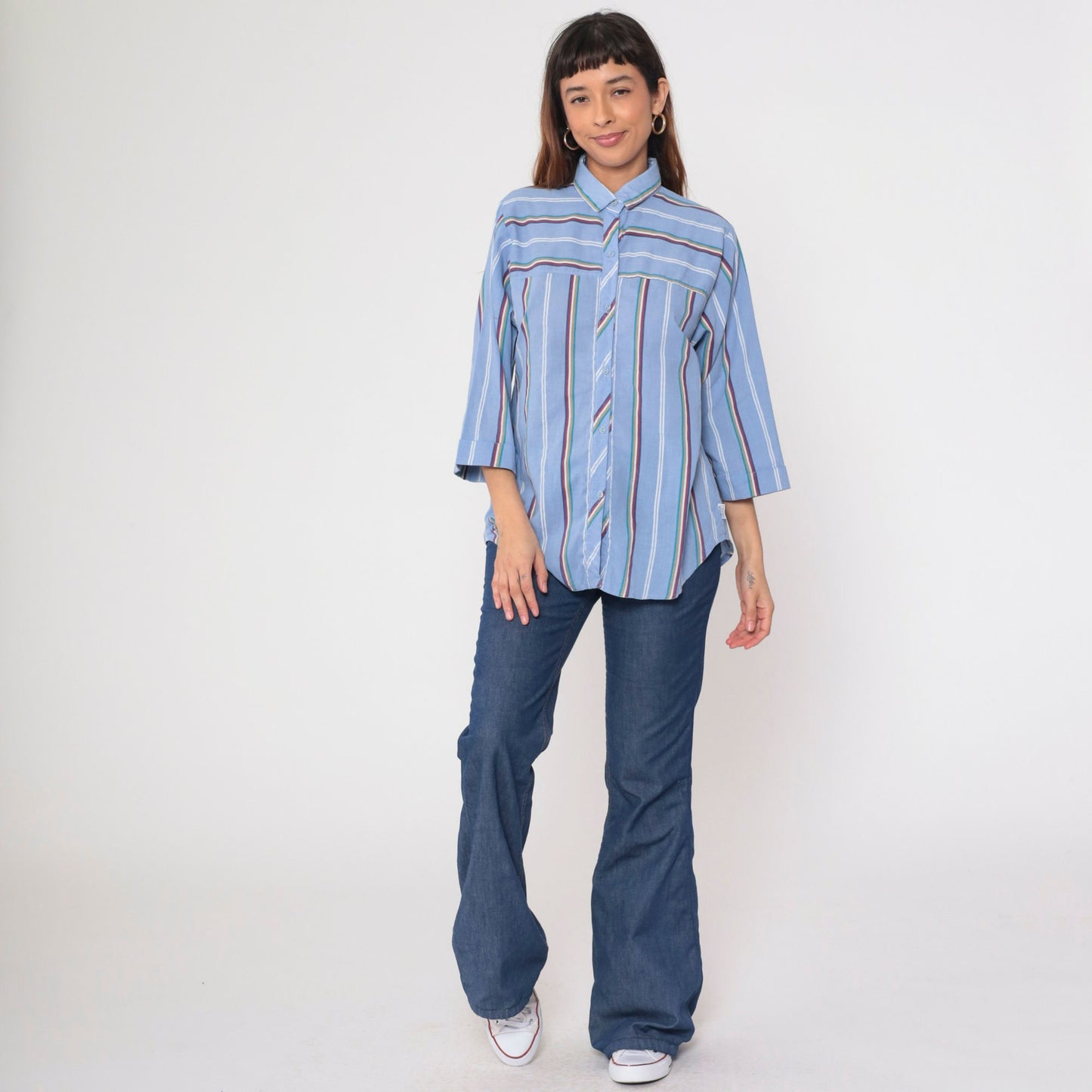 80s Blue Striped Button Up Shirt Multicolored 3/4 Sleeve Blouse Medium Large