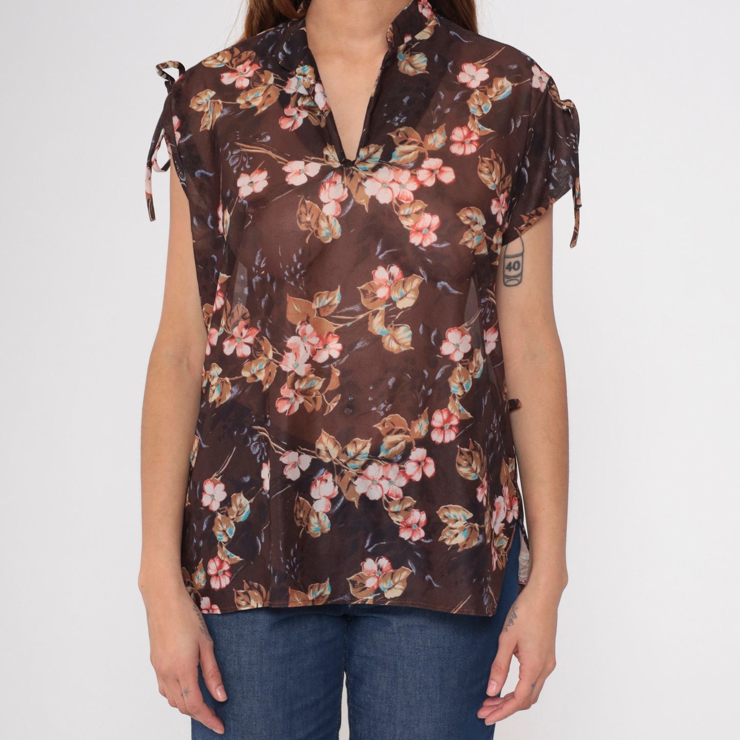 70s Sheer Floral Blouse Tie Sleeve V Neck Brown Pink Shirt Medium Large