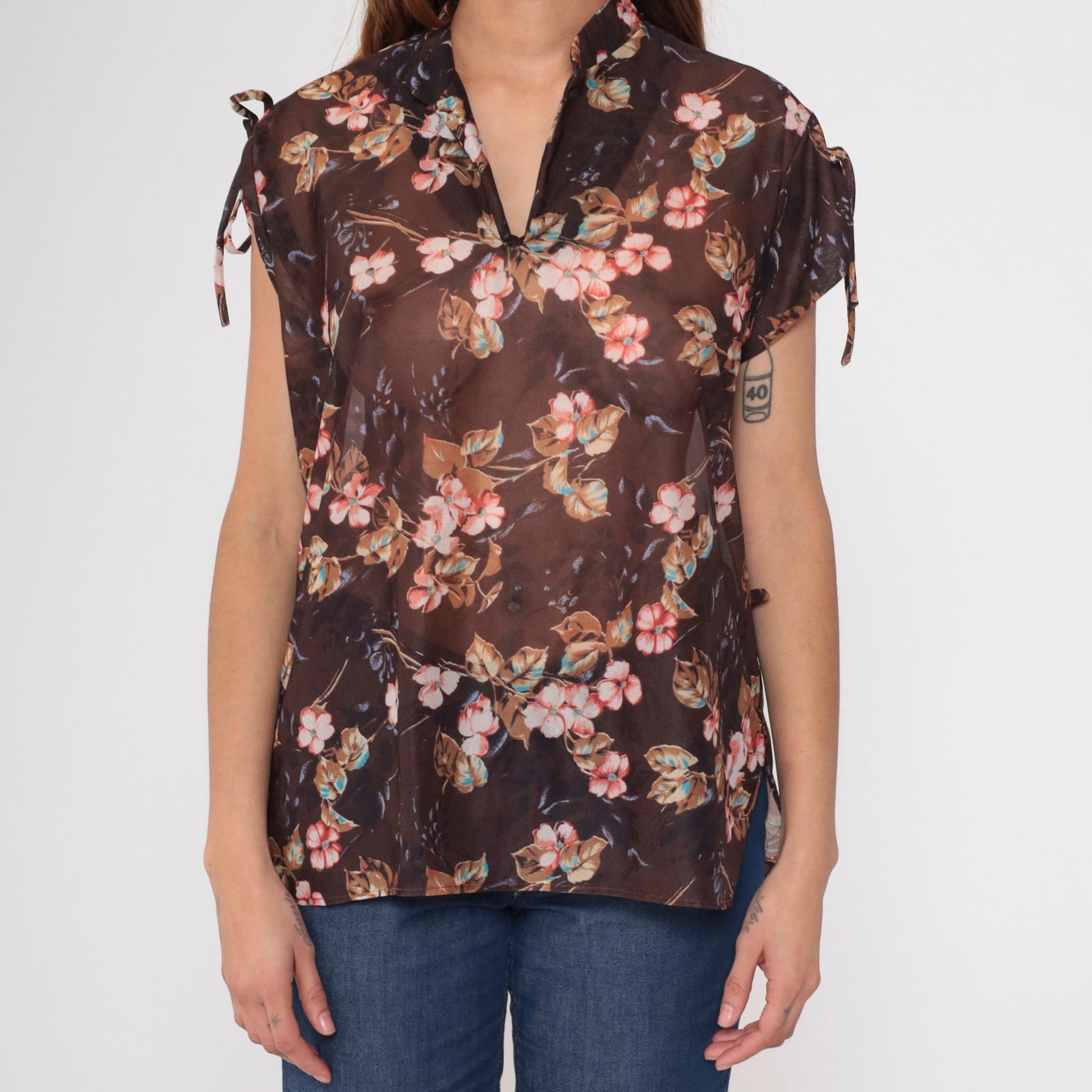 70s Sheer Floral Blouse Tie Sleeve V Neck Brown Pink Shirt Medium Large