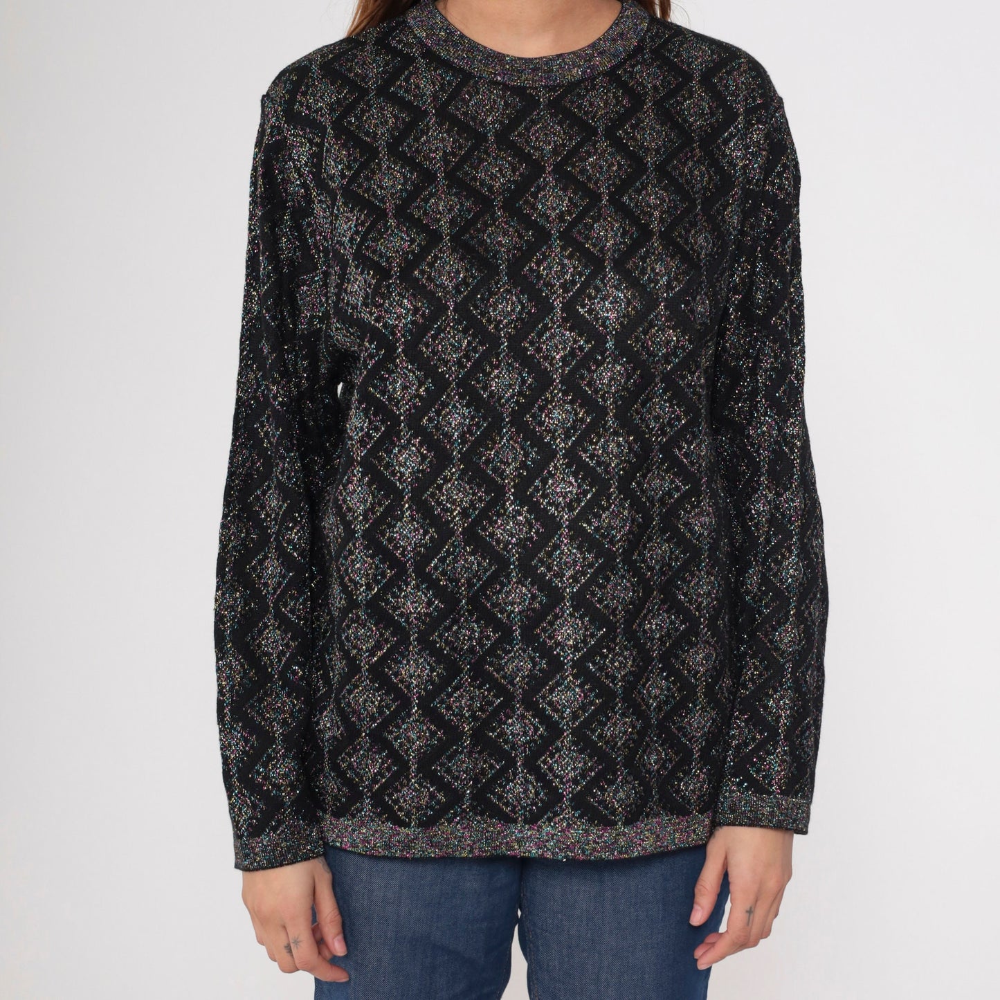 80s Metallic Geometric Sweater Black Pink Blue Lurex Knit Crewneck Medium