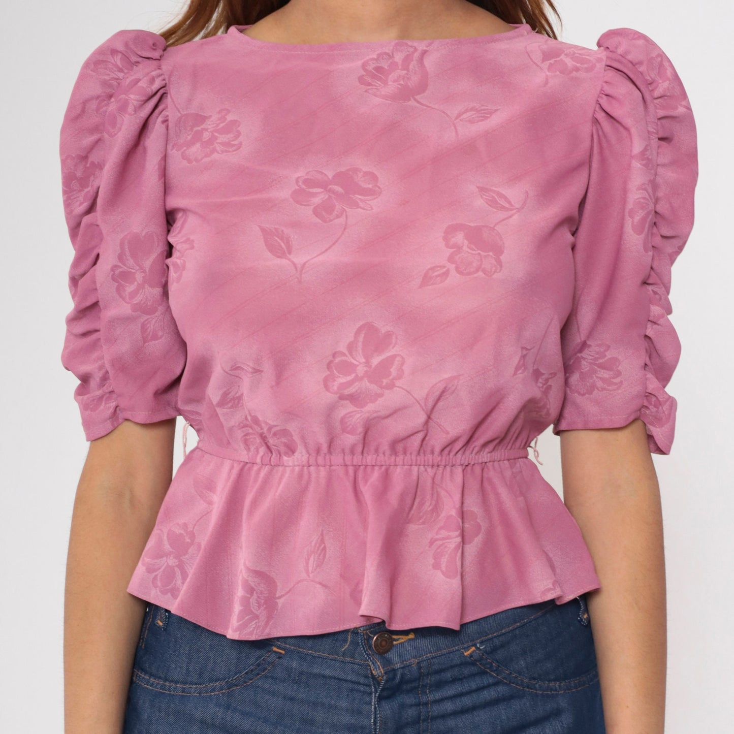 80s Floral Peplum Blouse Pink Puff Sleeve Crop Top Small