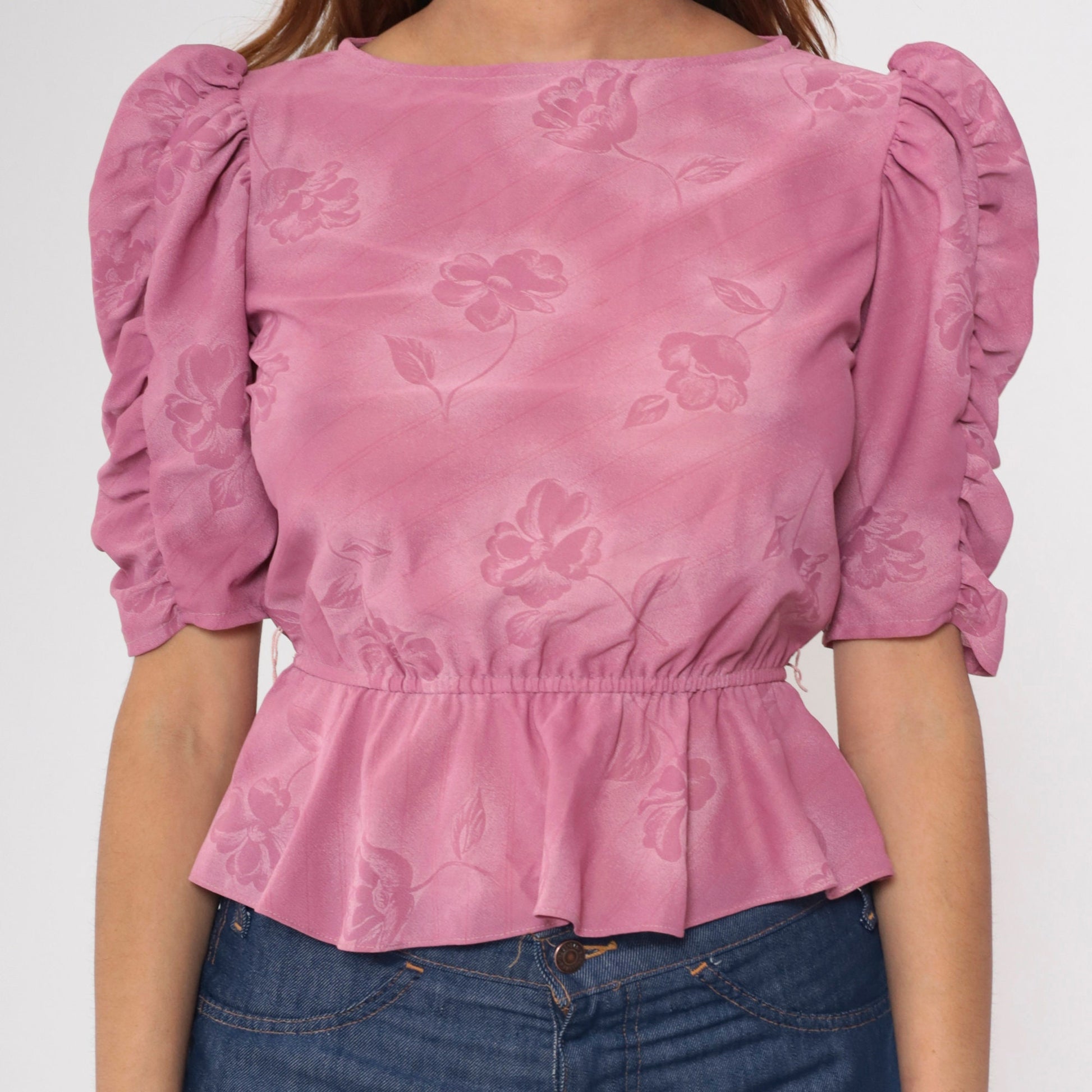 80s Floral Peplum Blouse Pink Puff Sleeve Crop Top Small