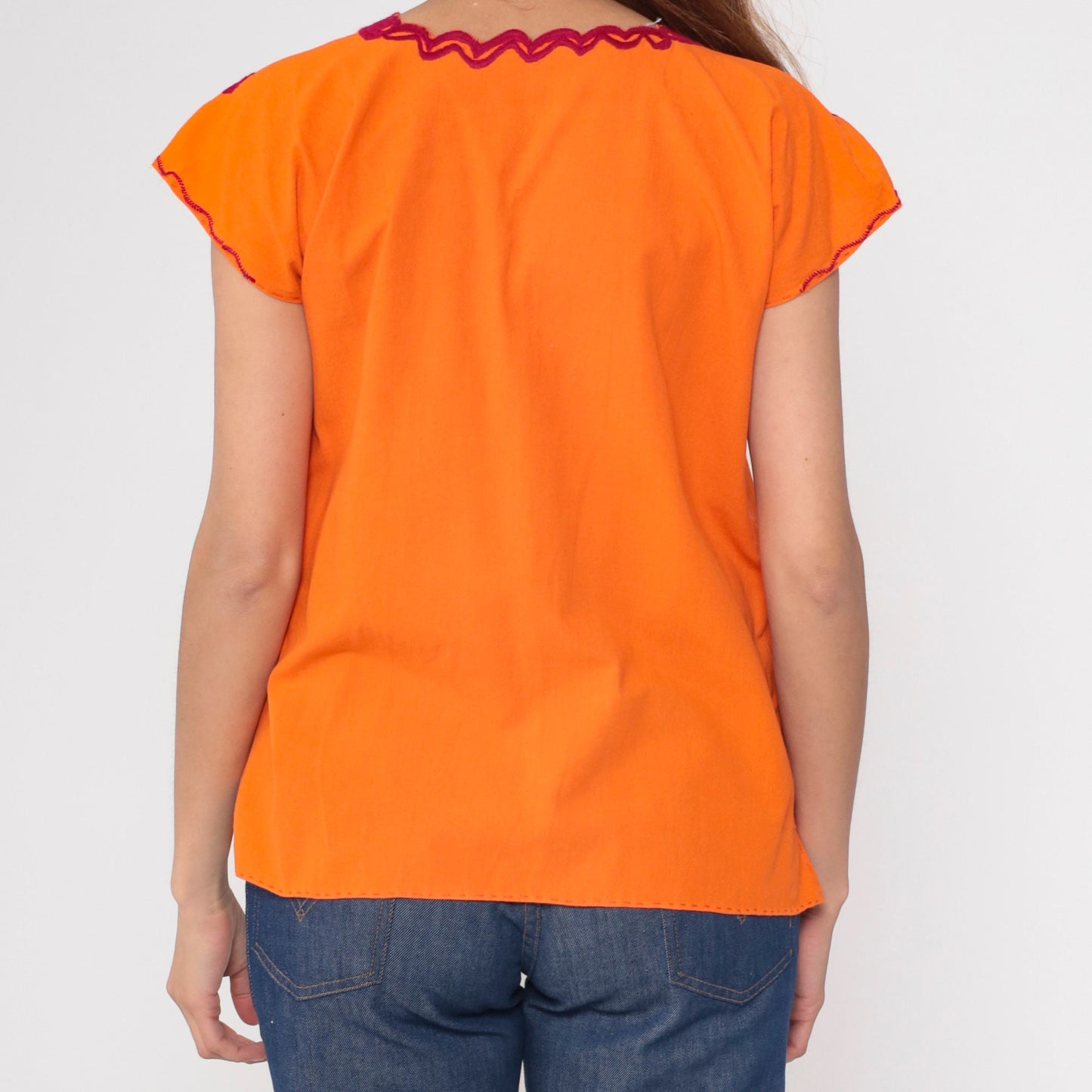 90s Orange Floral Mexican Embroidered Blouse Short Sleeve Cotton Tunic Medium
