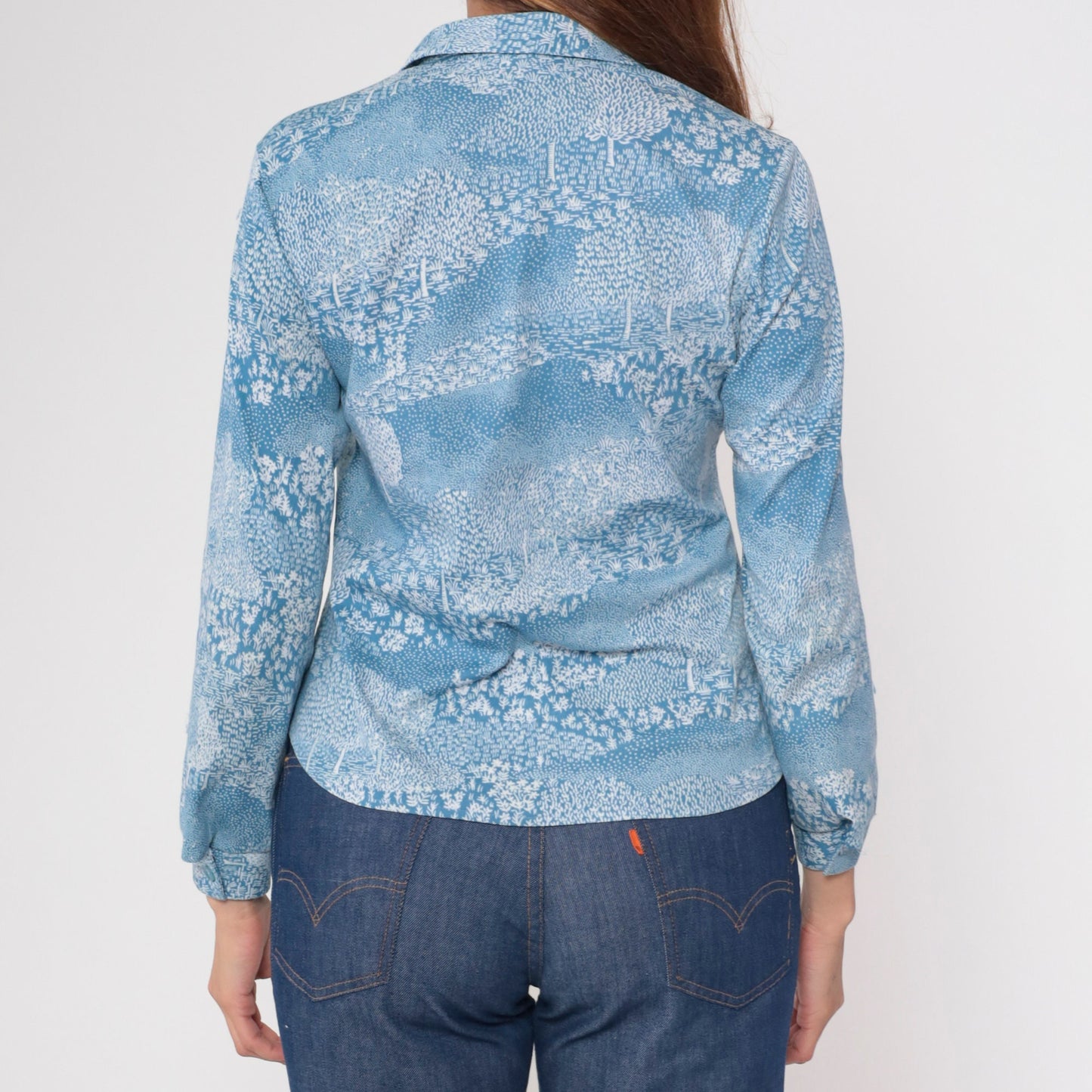 70s Alex Coman Sportswear Tree Floral Print Button-Up Blouse Blue Medium