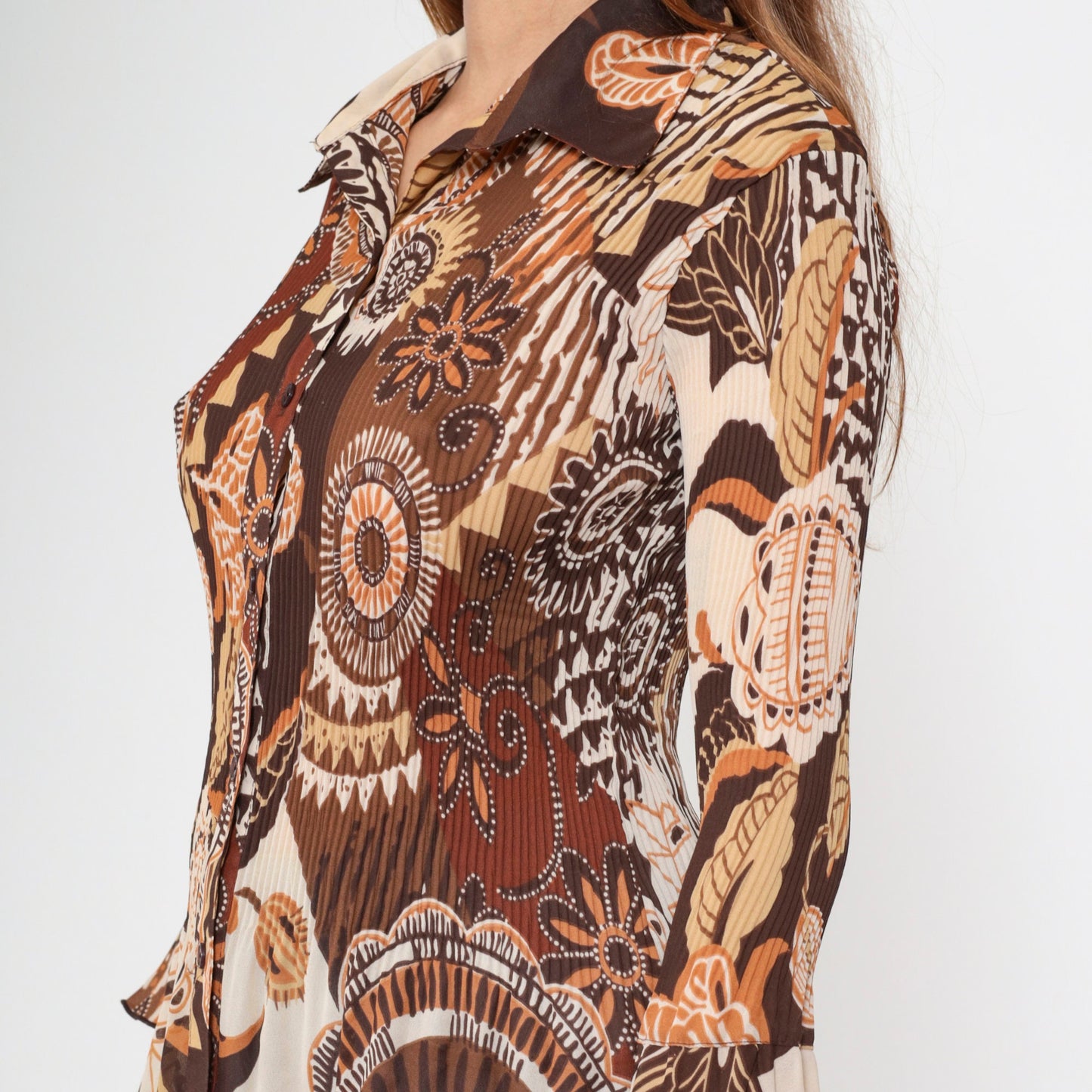 Y2K Brown Patchwork Geometric Floral Button-Up Blouse Bell Sleeve Medium