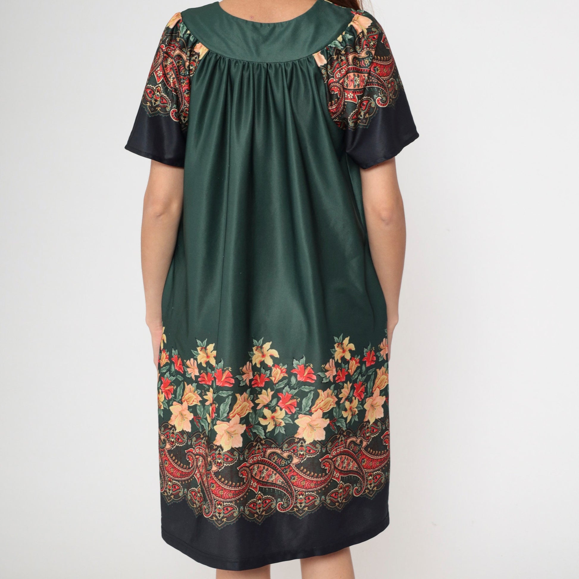 70s Dark Green Floral Paisley Tent Dress Midi Pockets Short Sleeve Extra Large