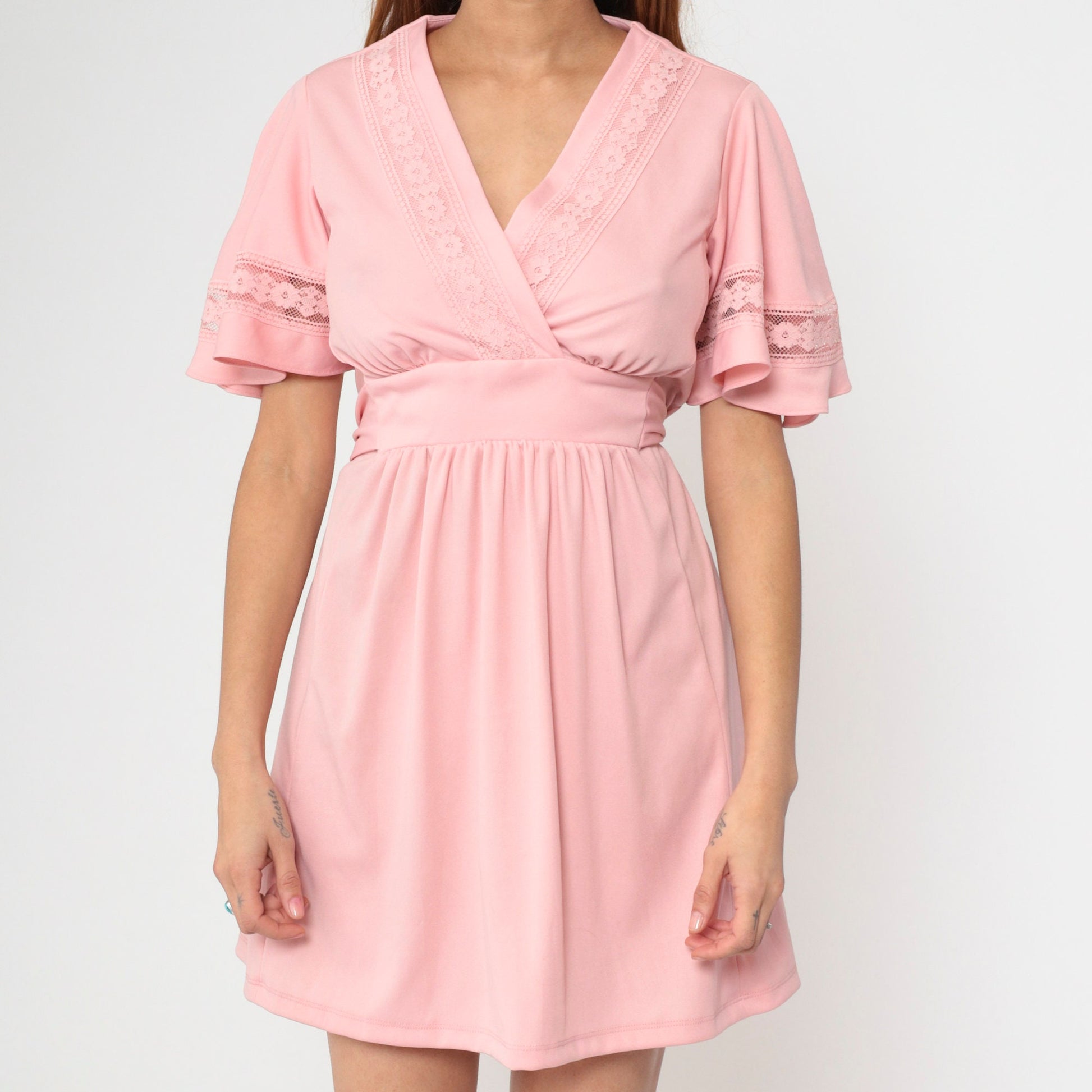 70s Pink Babydoll Dress Flutter Sleeve Empire Waist Mini V-Neck Small Medium