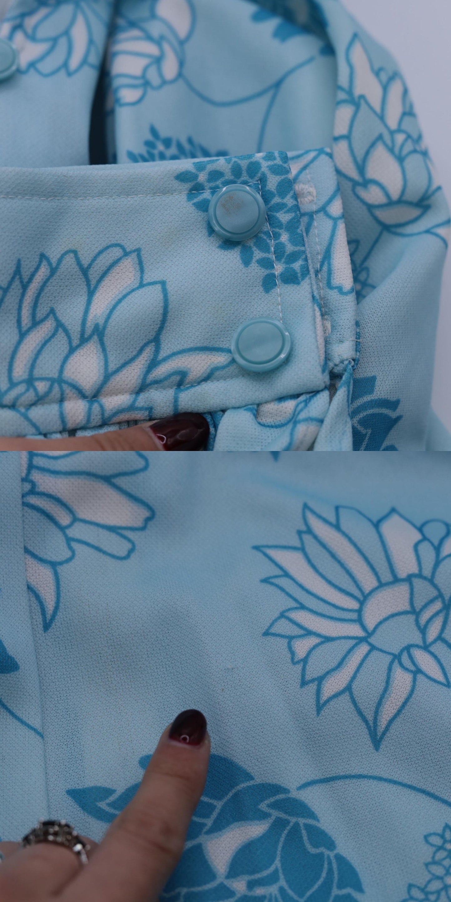 70s Blue Floral Mini Dress Empire Waist Dagger Collar Long Sleeve Small