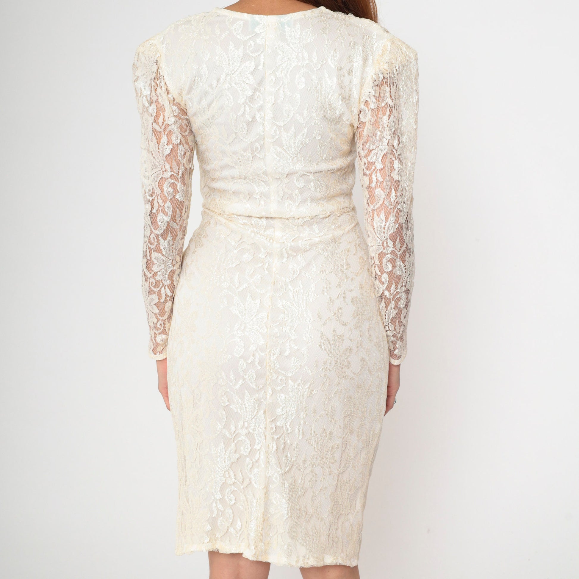 80s Ivory Lace Wrap Dress V-Neck Long Sleeve Sheath Knee-Length Small