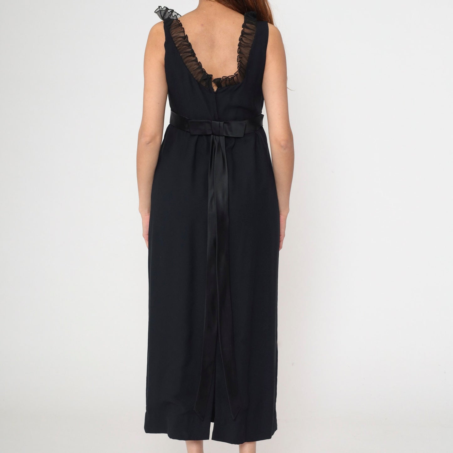 60s Black Empire Waist Maxi Dress Ruffled Neckline Satin Bow Small