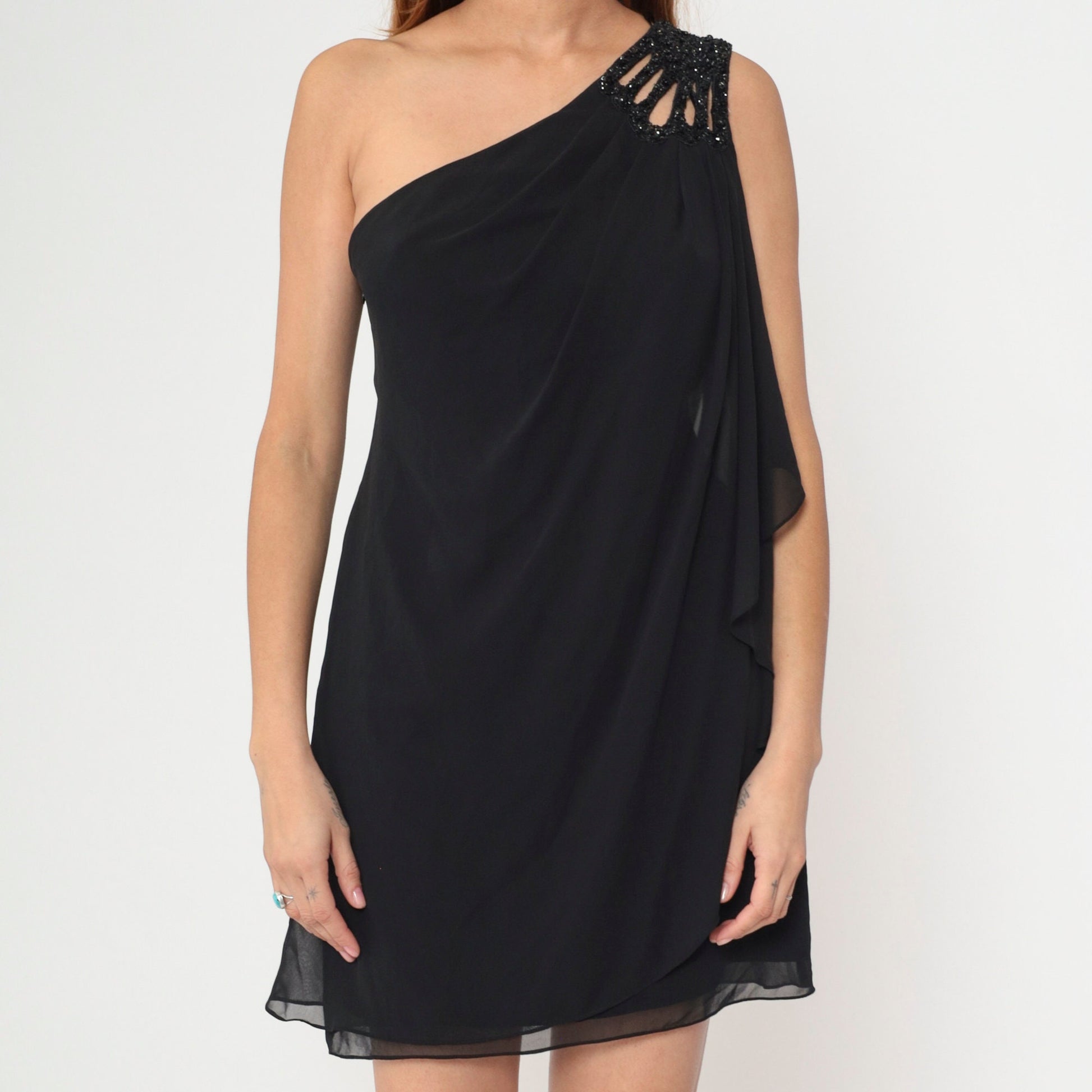 Y2K Black One-Shoulder Beaded Sequin Mini Dress JS Boutique Medium 8